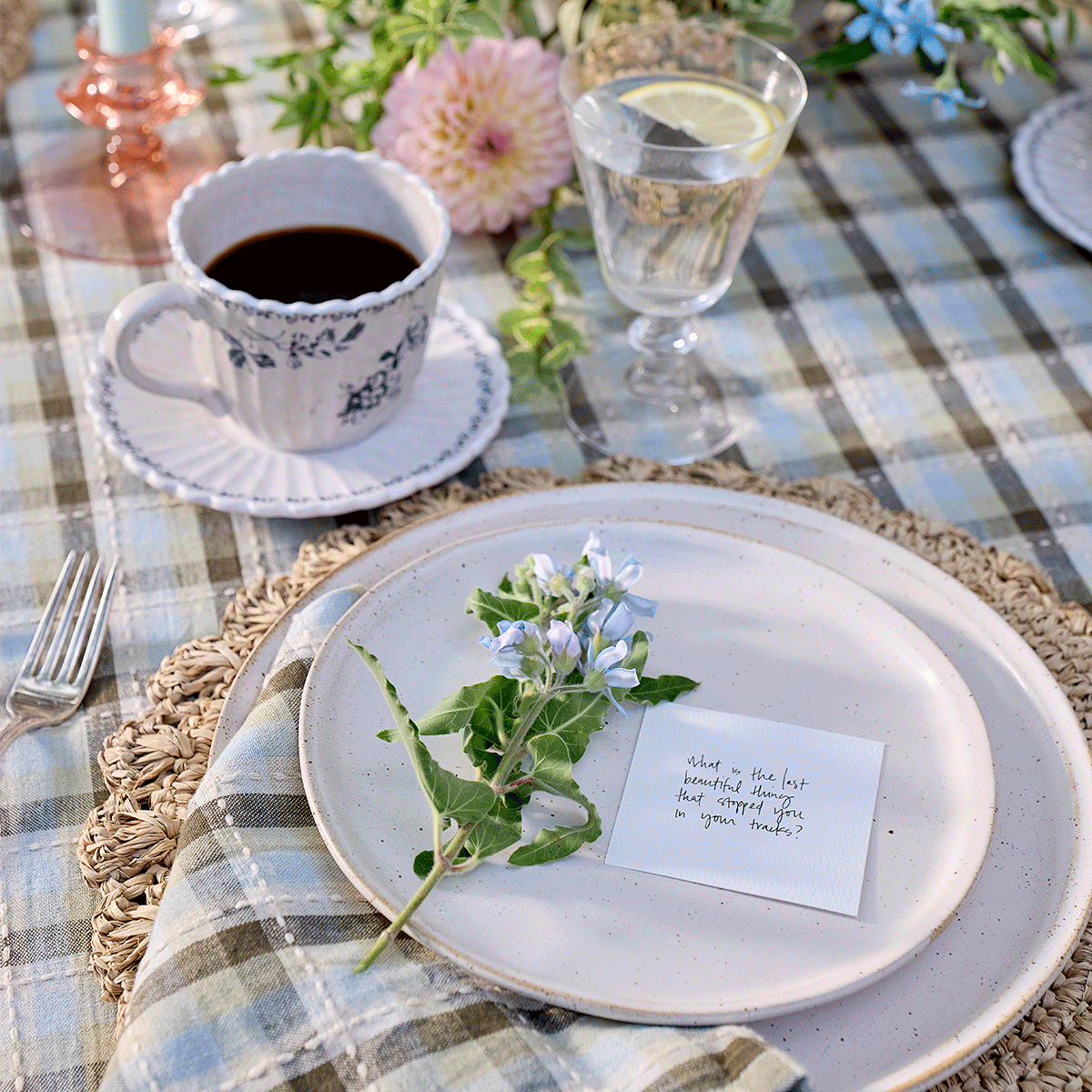 gif of different place setting and heirloom blue dinnerware for a spring brunch.