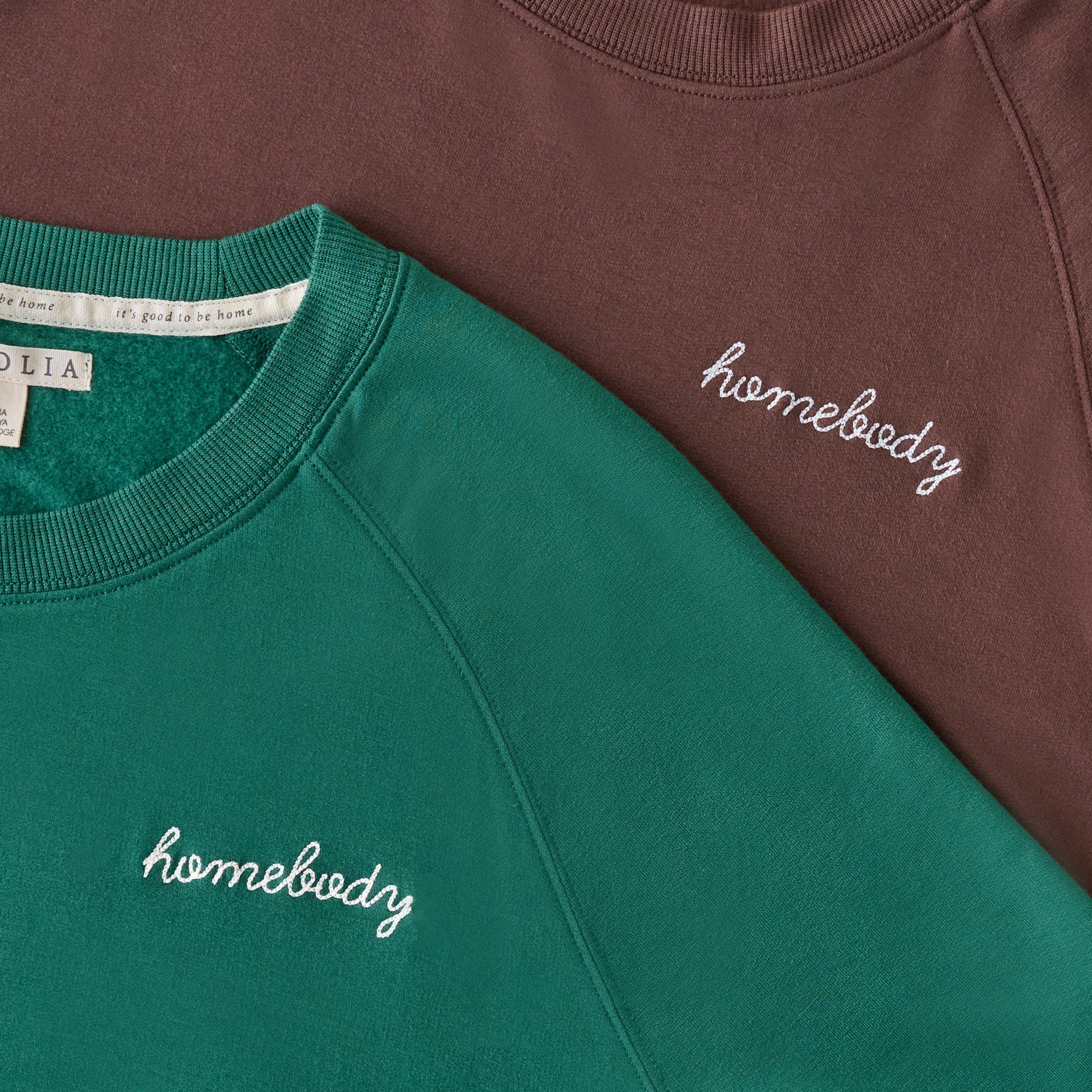 Homebody Posy Green Crewneck Loungewear Set shown with espresso crewneck loungewear set