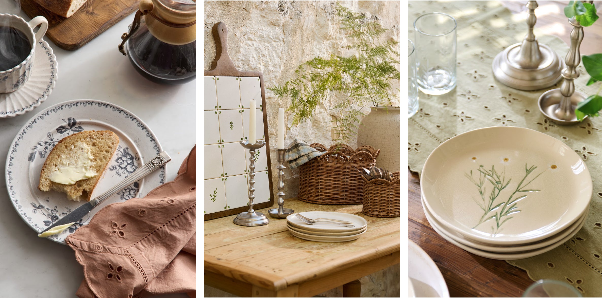 Three images of a dining setting with plates, cutlery, and tableware.