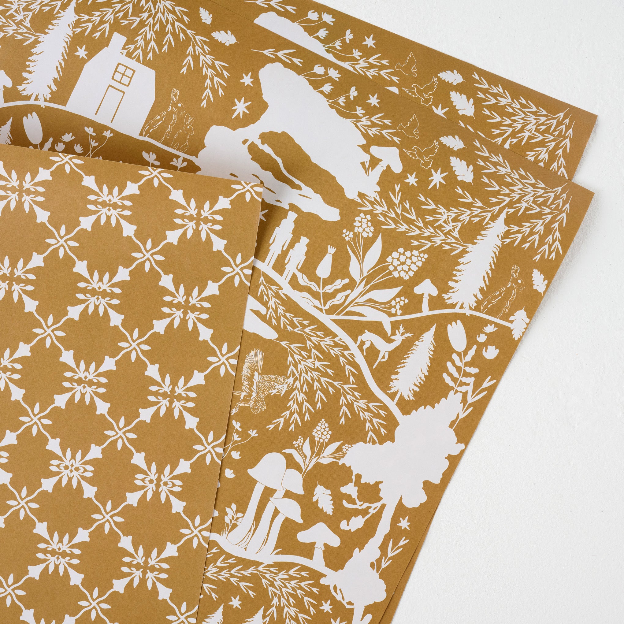 Magnoliass Gold Woodland Wrapping Paper Sheets up close