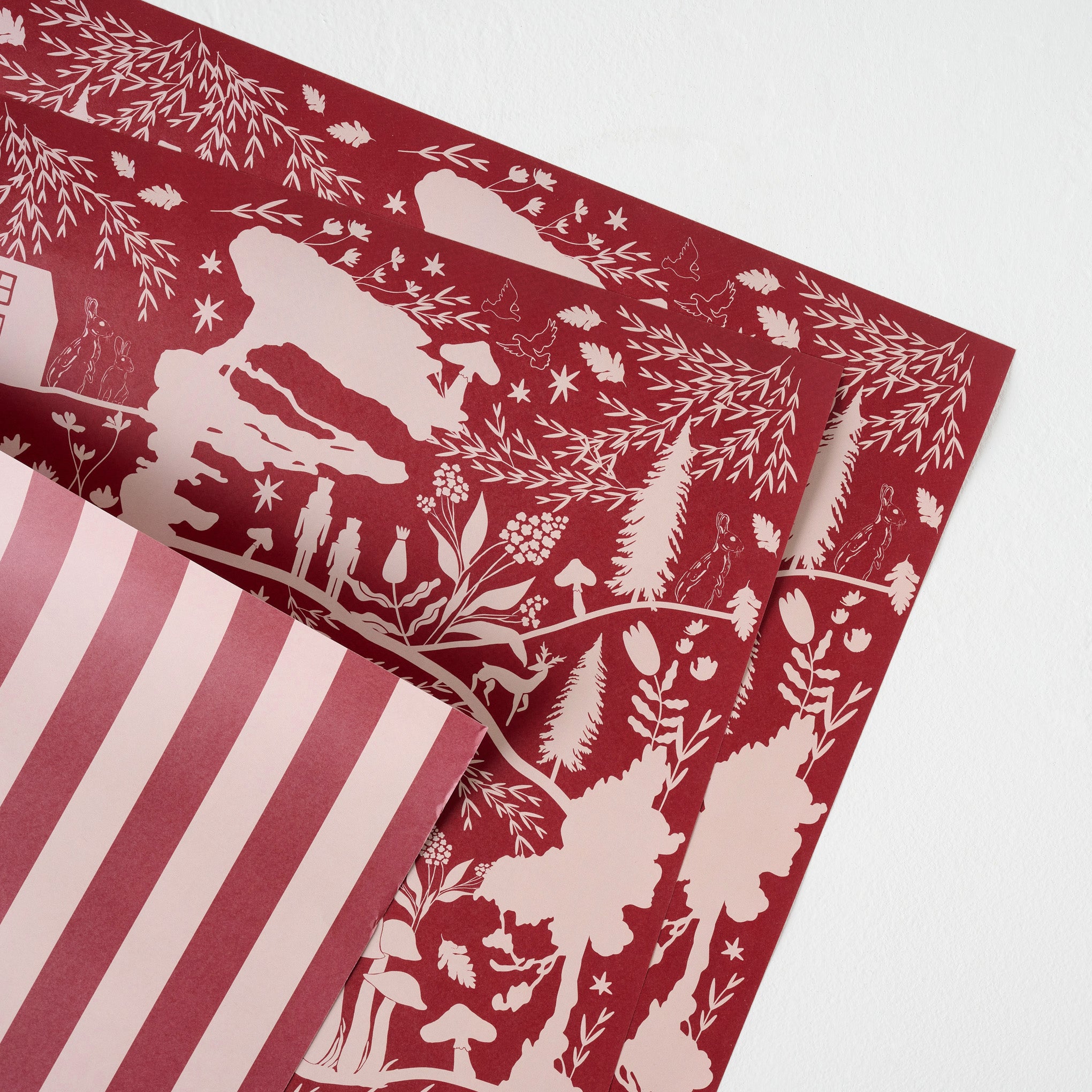 Magnoliass Burgundy Woodland Wrapping Paper Sheets up close