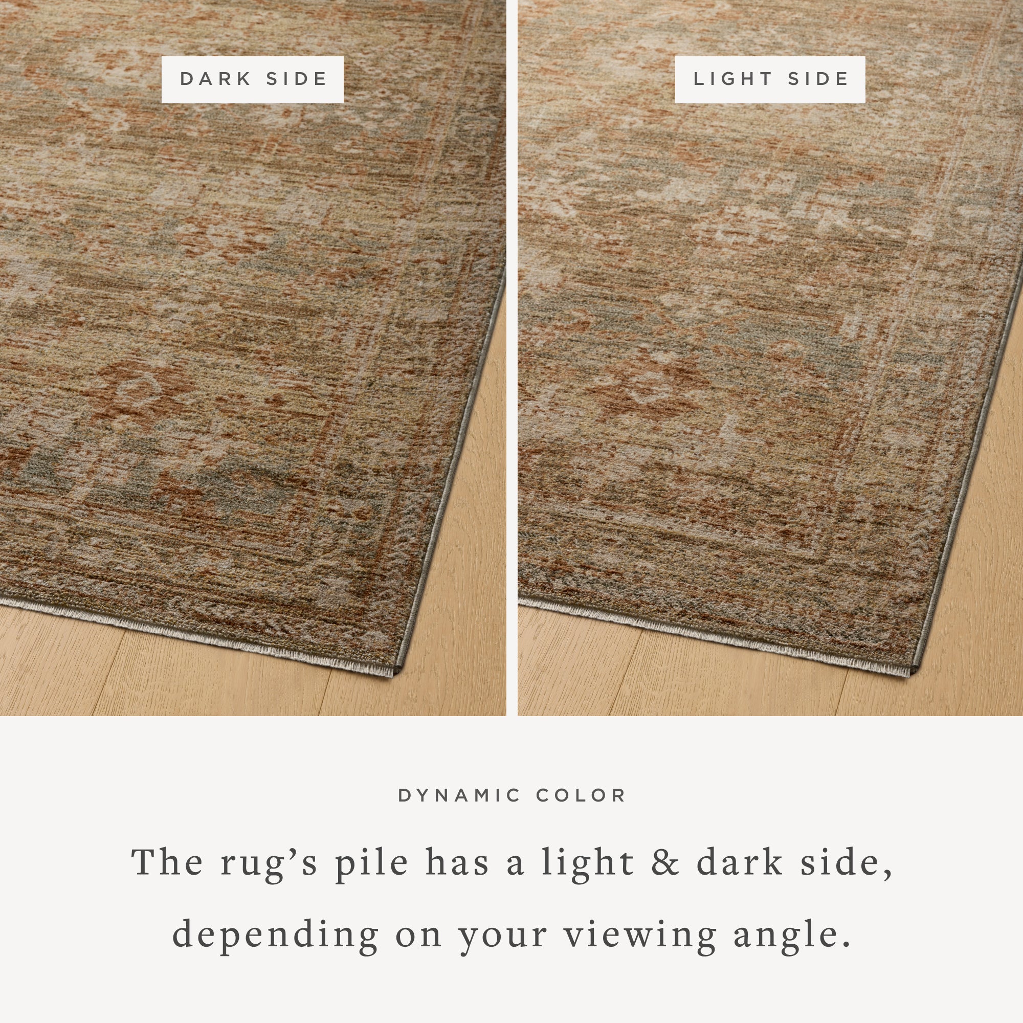 Junie Spice Multi Rug corner shown from 2 different viewing angles