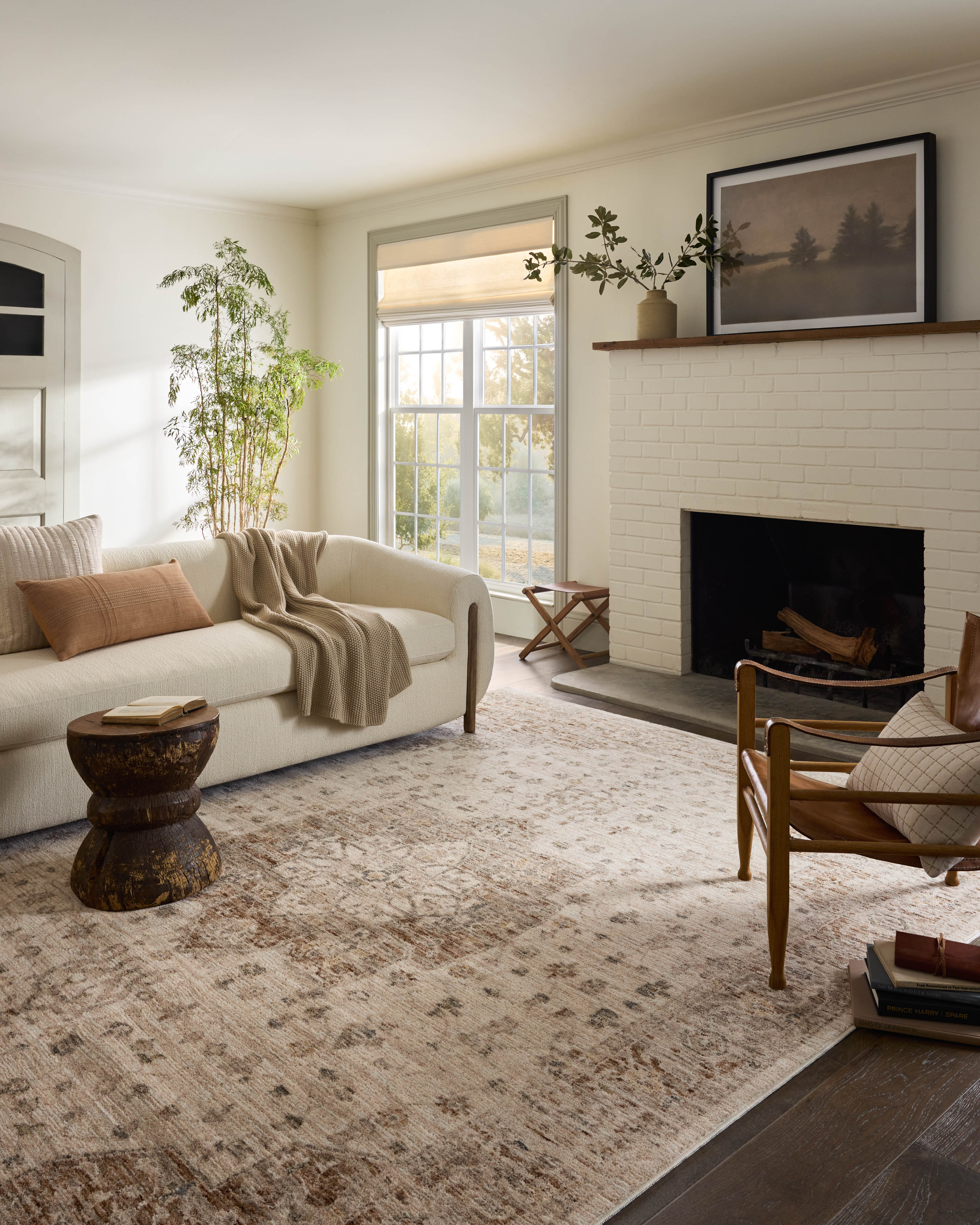 Junie Natural Clay Rug shown in bright living room