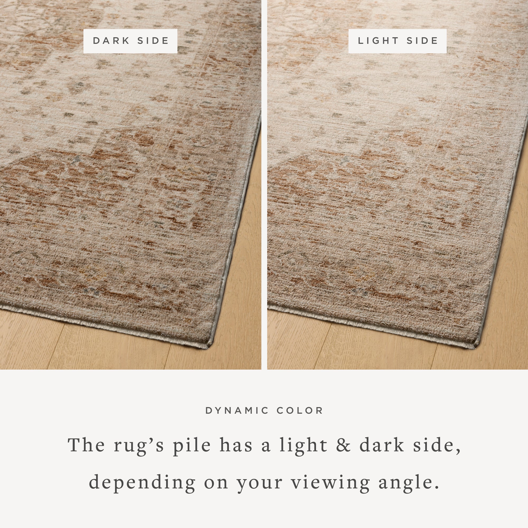 Junie Natural Clay Rug corner shown from 2 different viewing angles