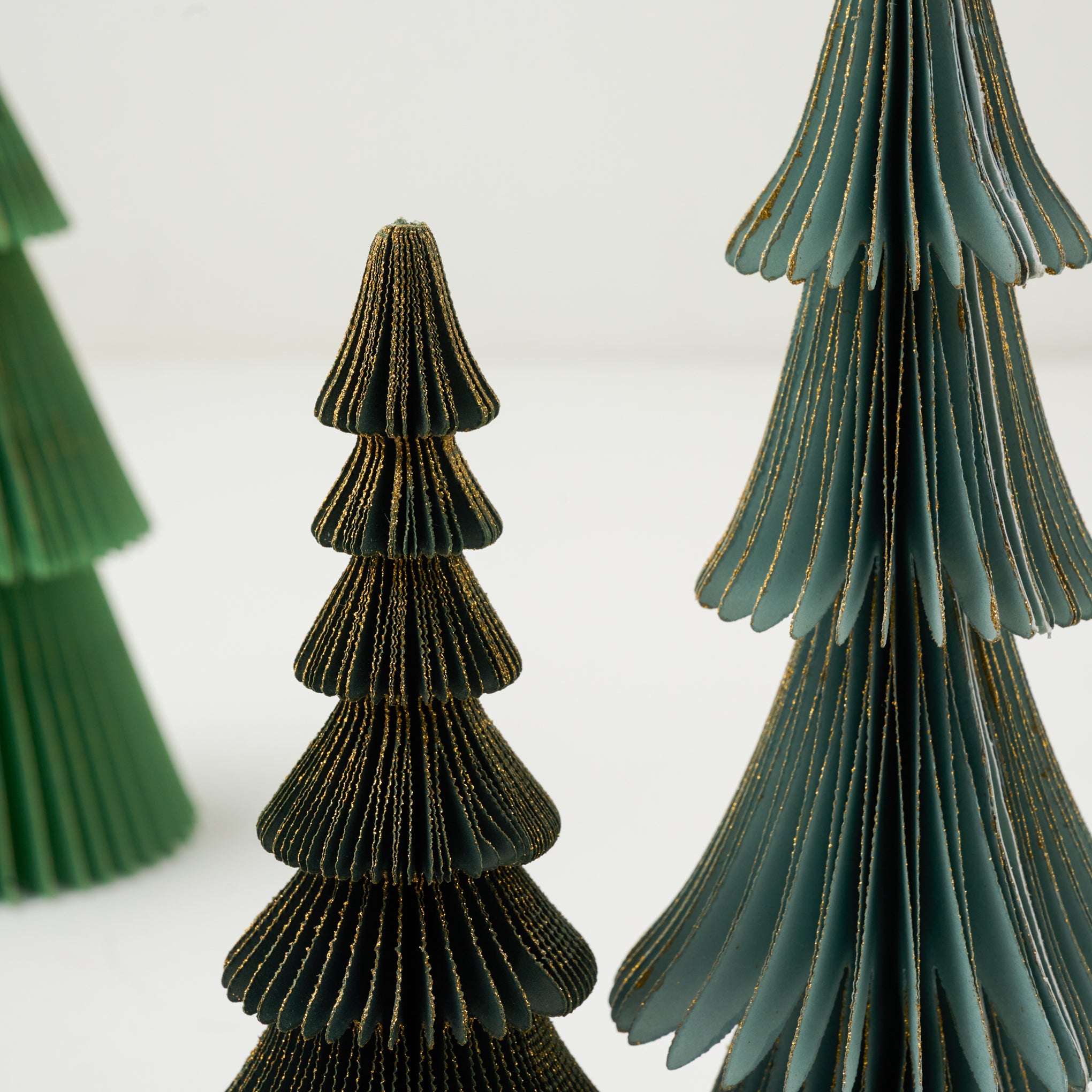 Forest Green Set of Decorative Paper Trees up close