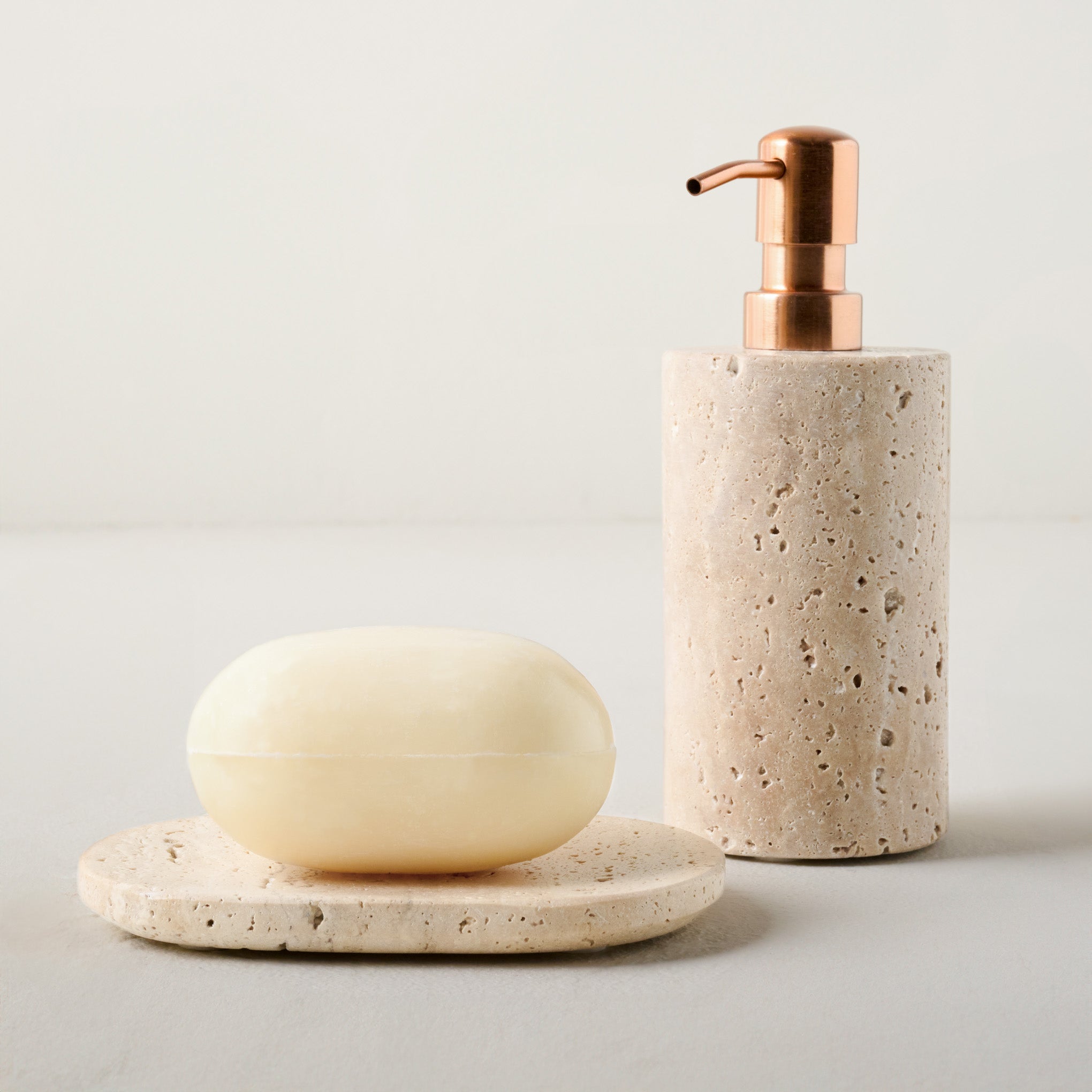 Travertine Soap Dish shown with soap pump