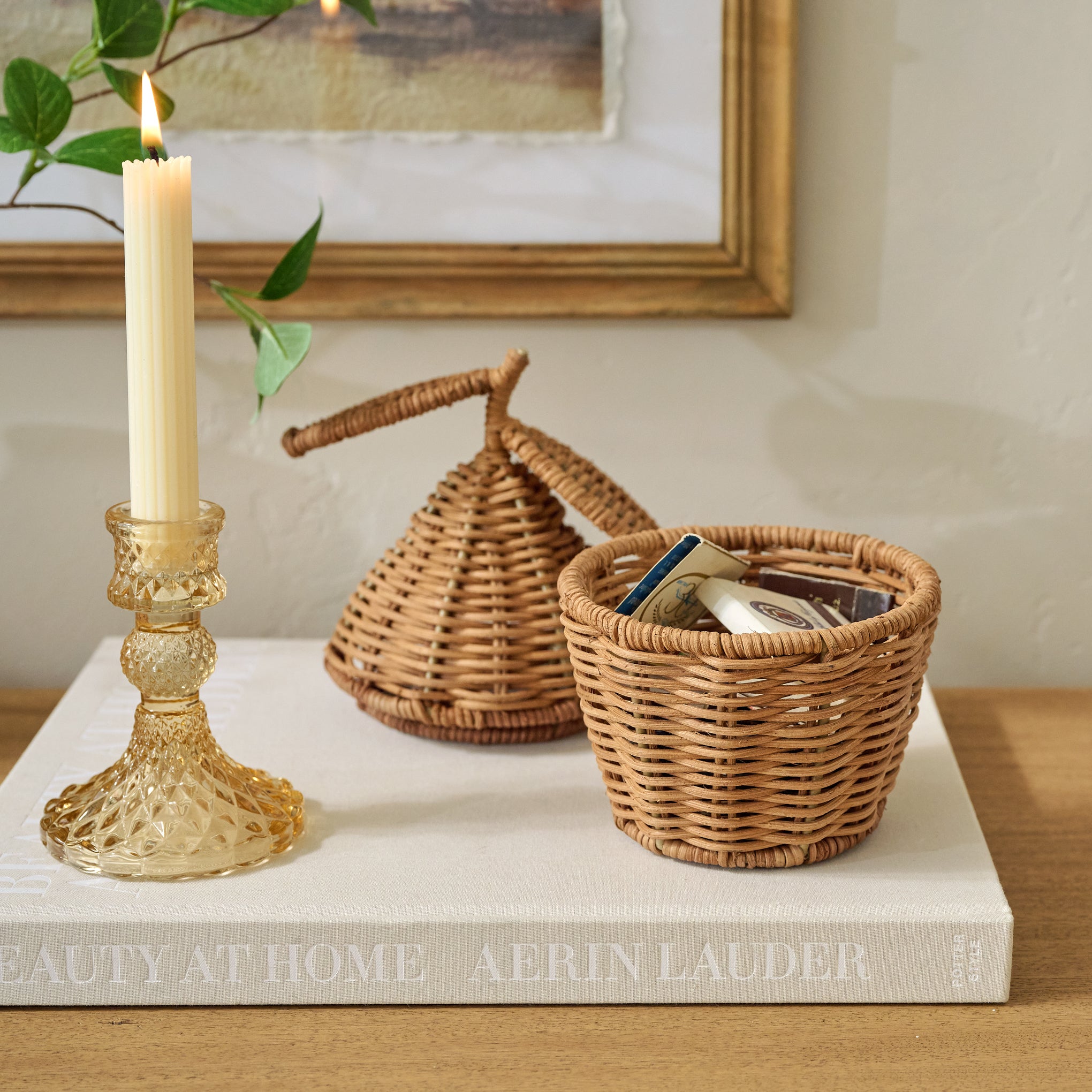 Woven Lemon Canister shown open with decor