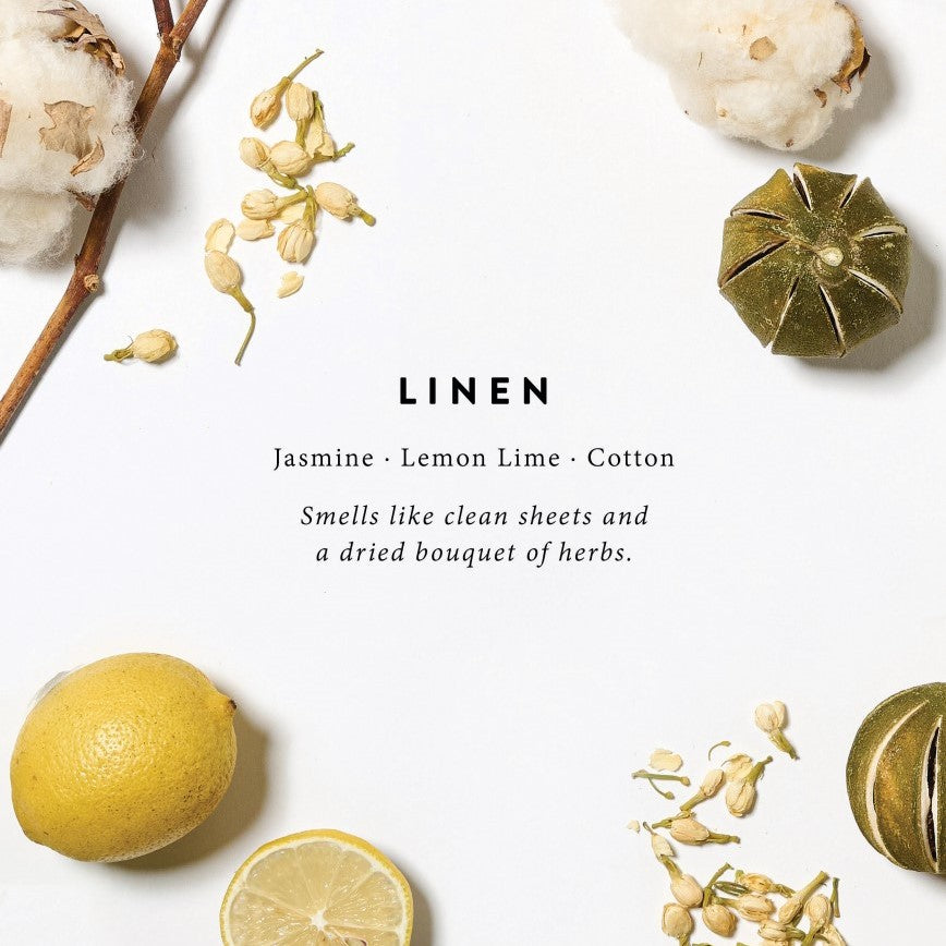 Magnoliass linen candle scent notes of lemon lime cotton and jasmine
