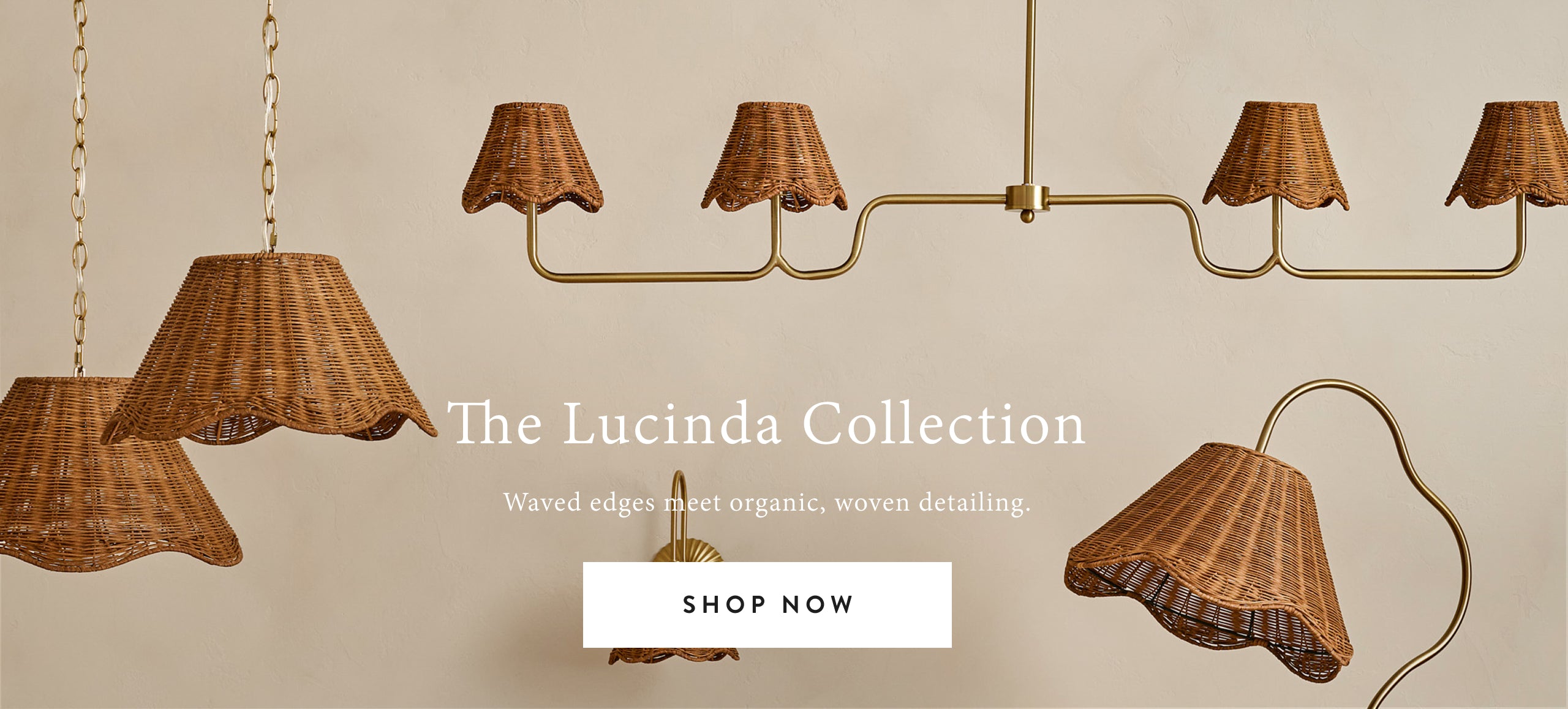Chandelier with wicker shades and 'The Lucinda Collection' text on a beige background