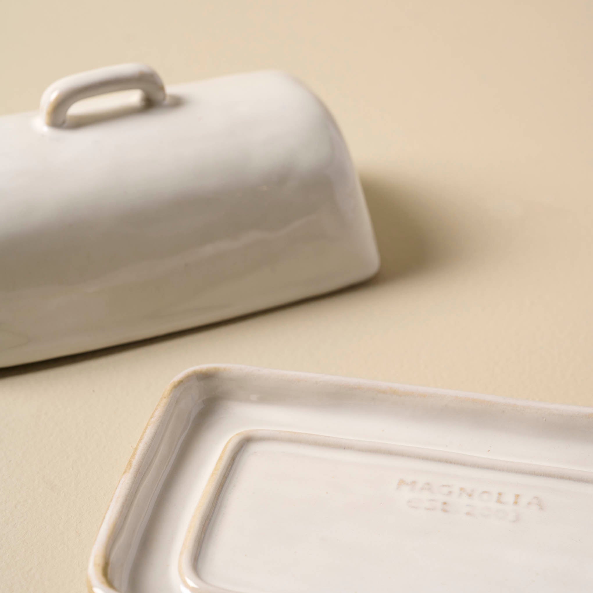 Magnoliass Est. Ceramic Butter Dish with lid off to the side