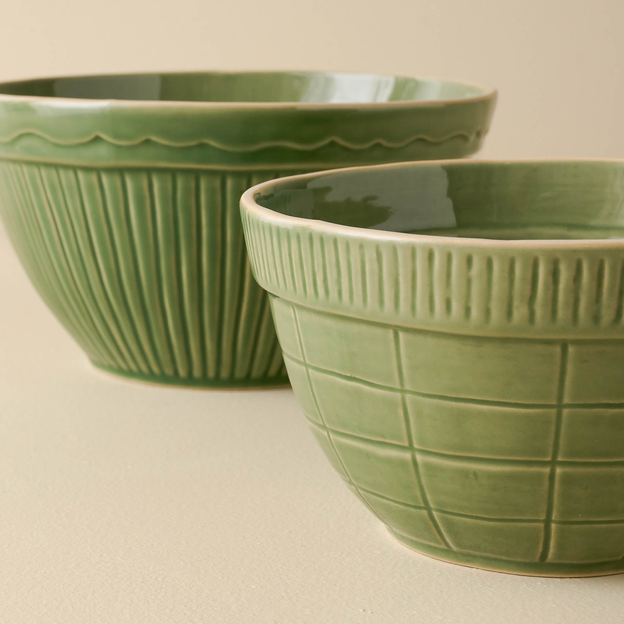 Vintage-Inspired Green Mixing Bowl Set of Two close up