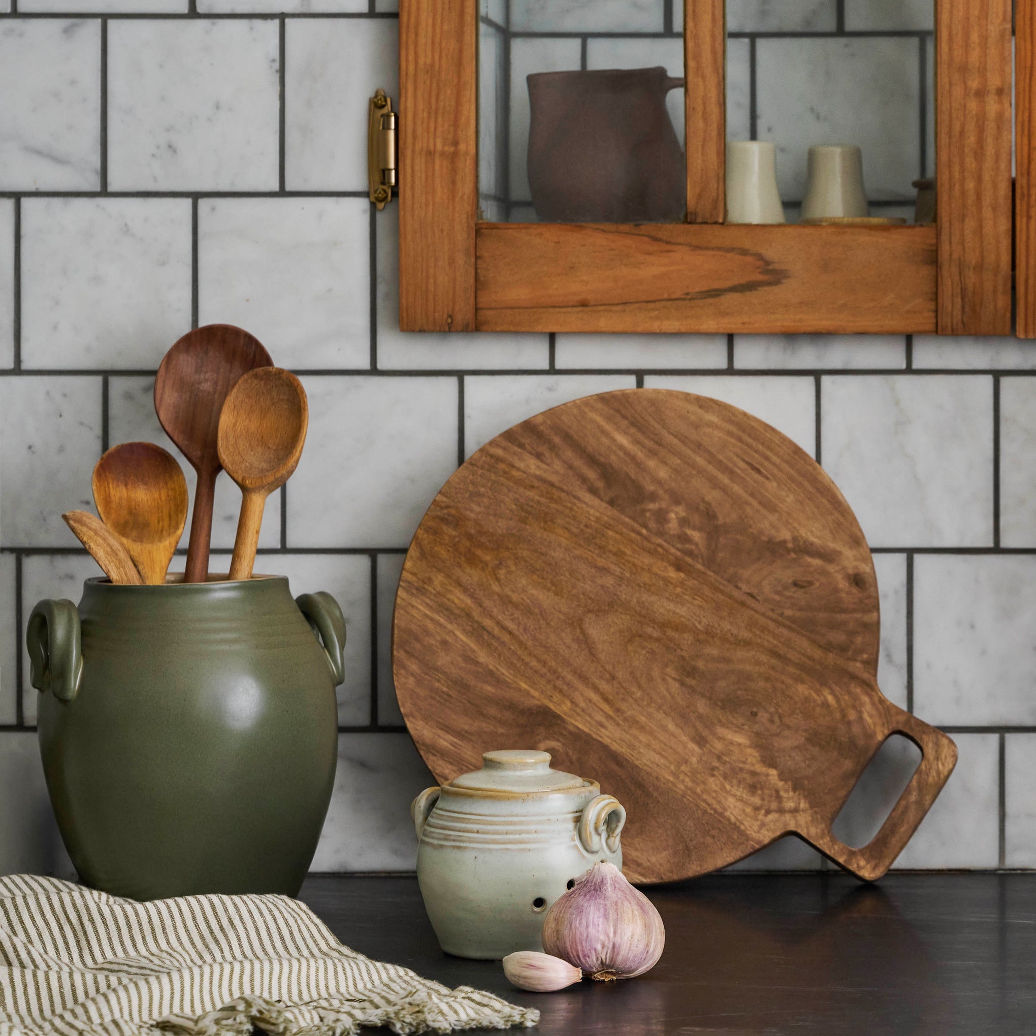 Vintage-Inspired Sage Green Utensil Crock shown on countertop