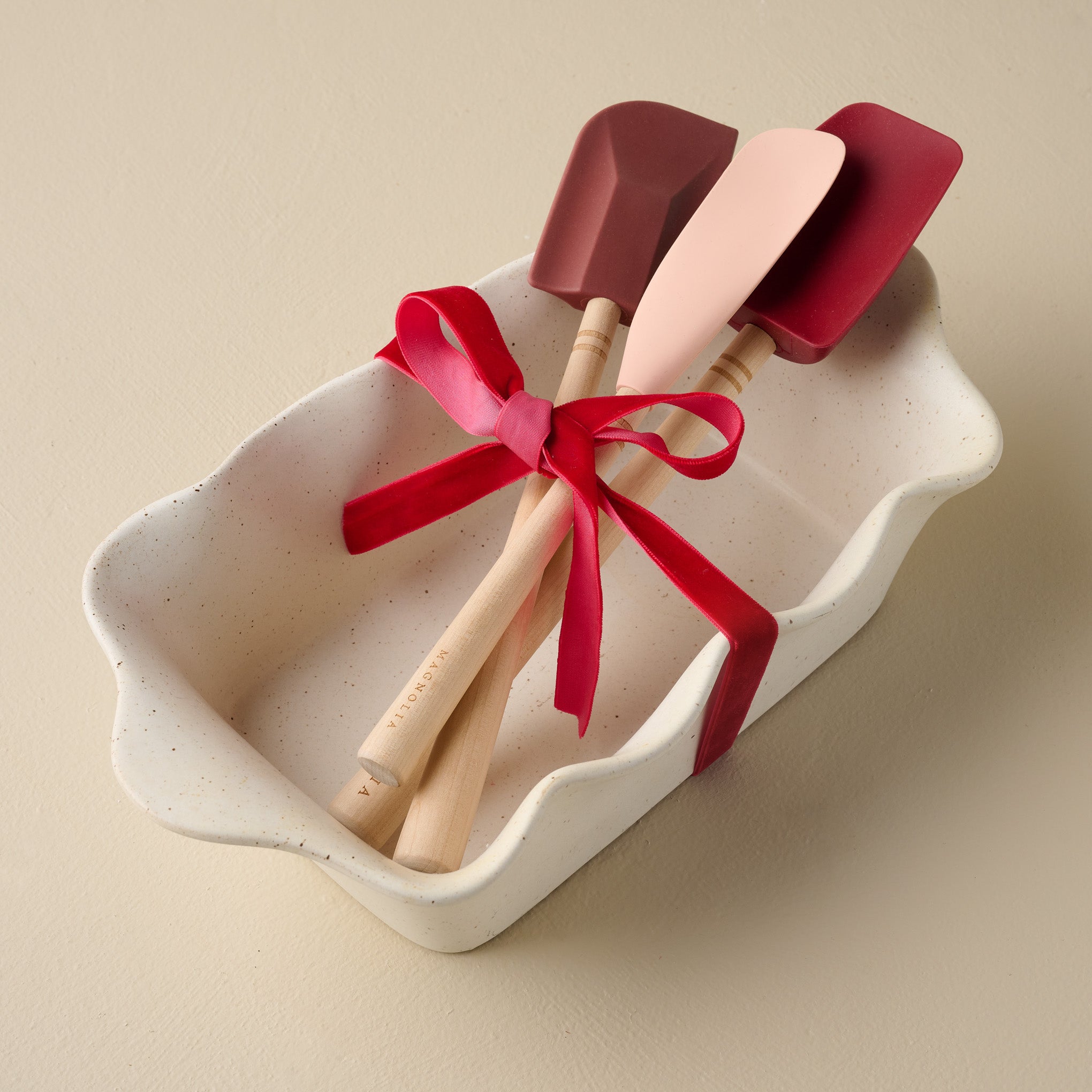 French White Scalloped Loaf Pan as a gift with spatula set