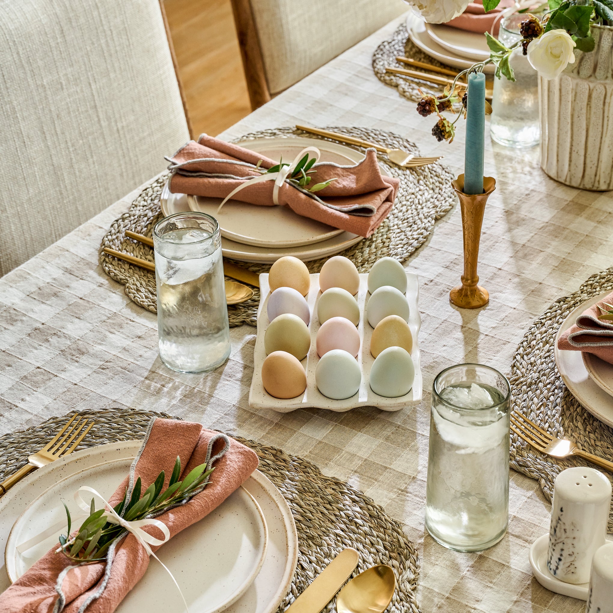 French white speckle plate on a set table