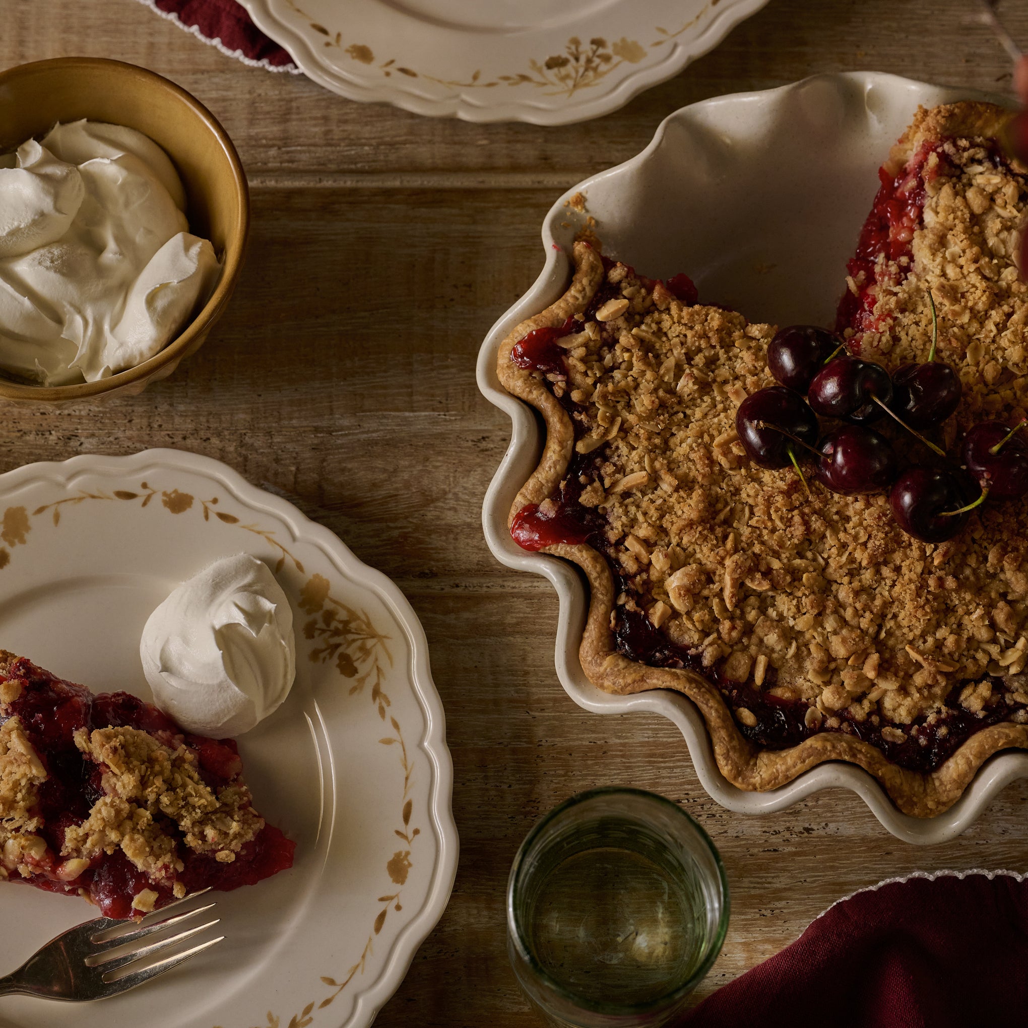 Cream Speckled Pie Dish with cherry pie