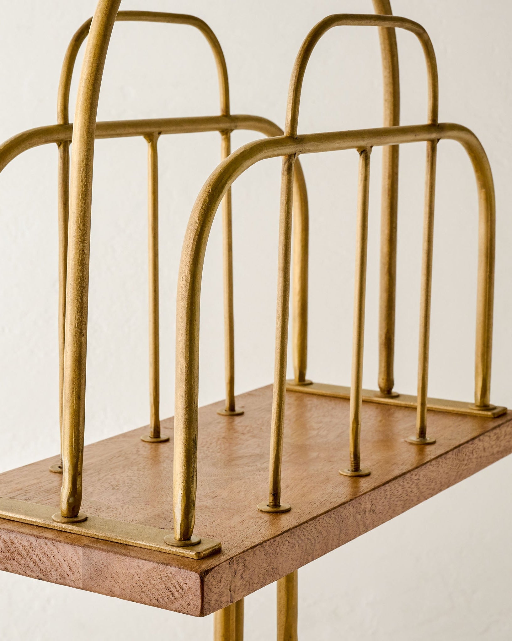 Antique Brass and Wood Media Stand up close