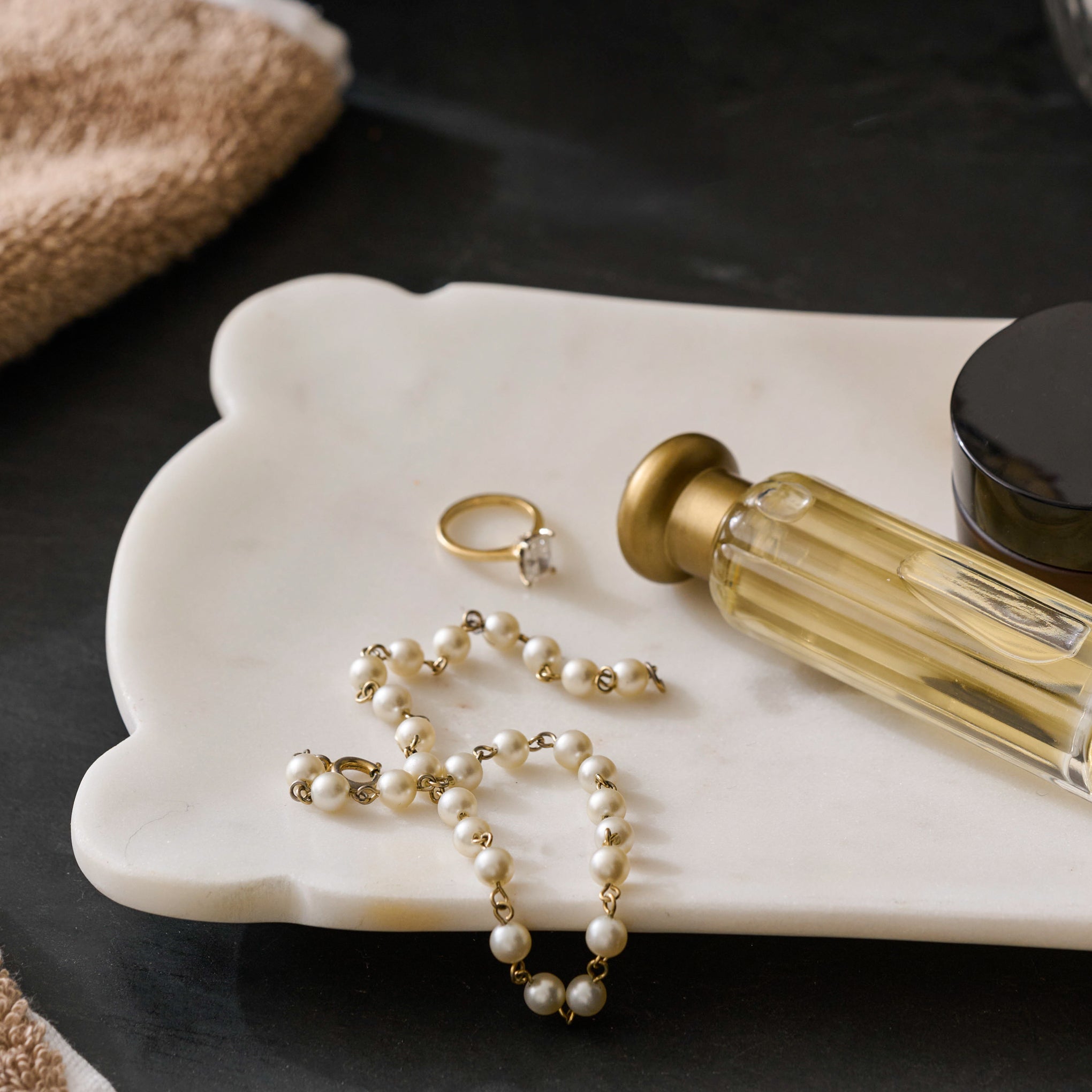 Scalloped Edge Marble Tray - Set of 2 shown with trinkets