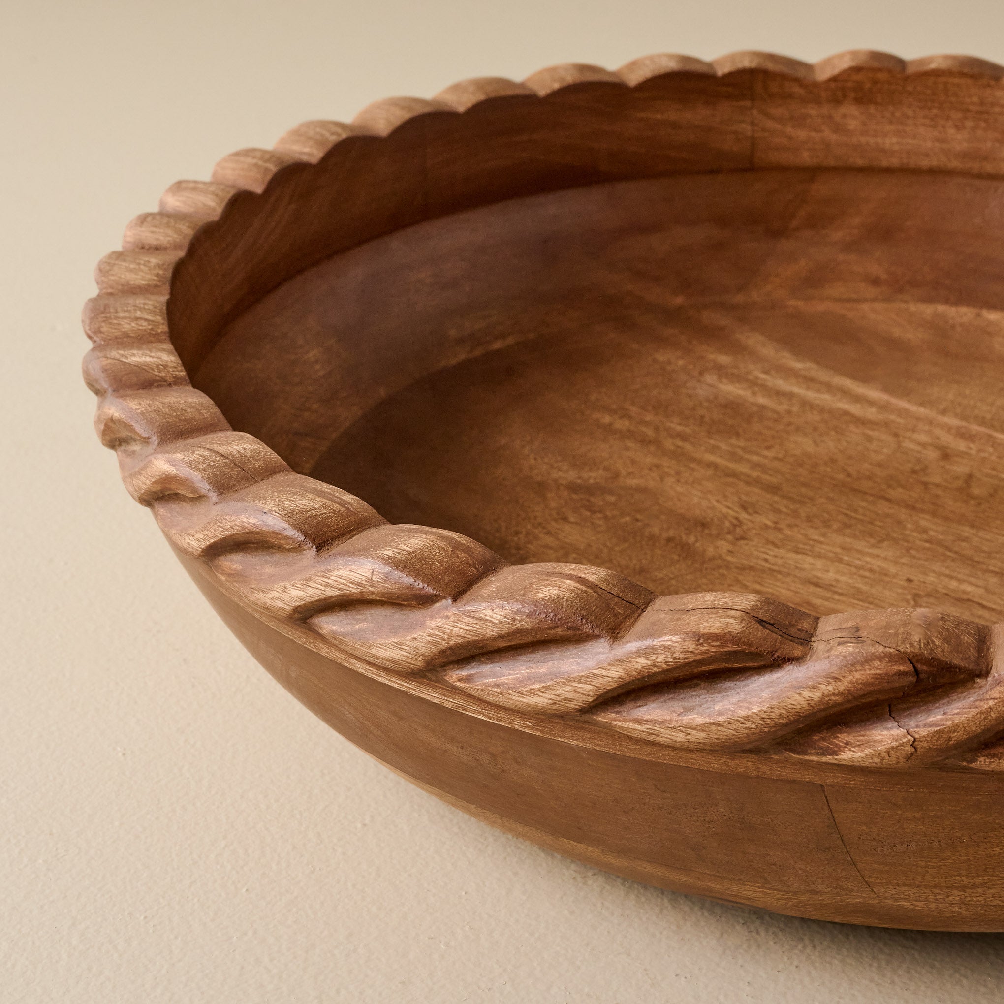 Oversized Antiqued Wood Twisted Bowl up close