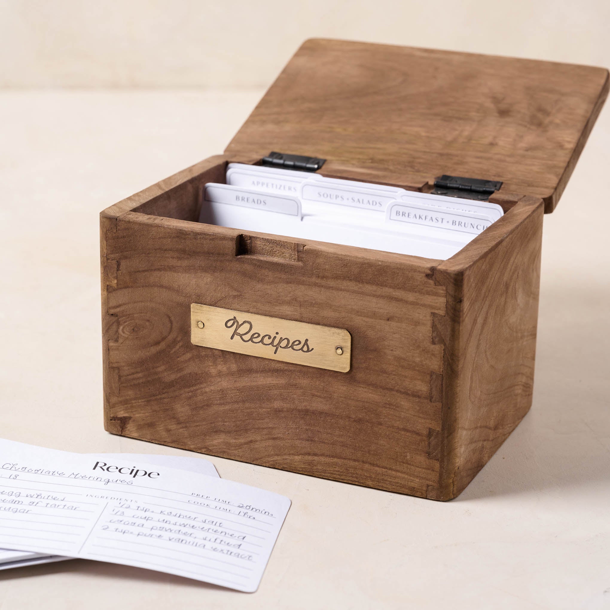 Antiqued Wood Recipe Box open with custom Magnoliass recipe cards