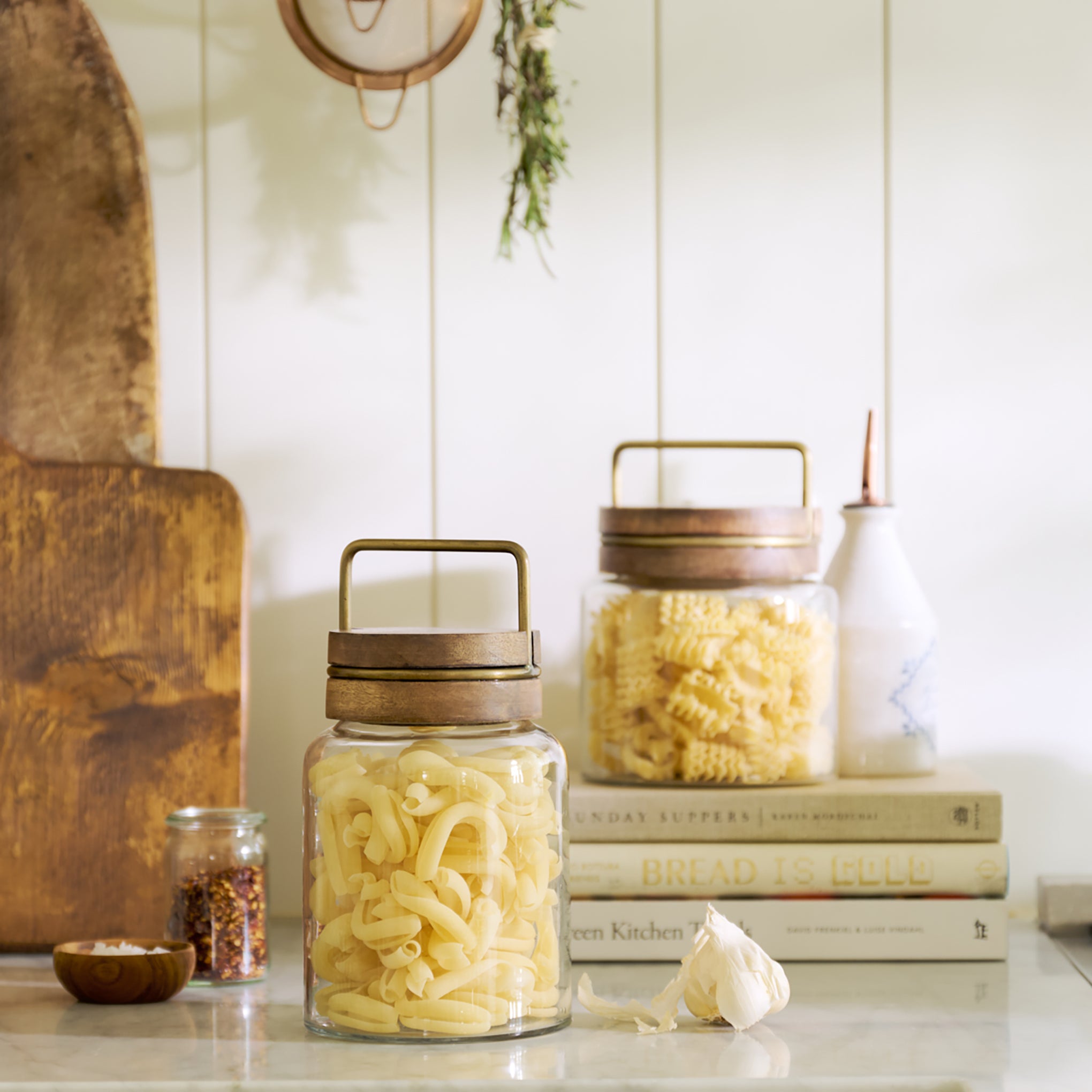 Wood with Antique Brass Canister in small and medium in a kitchen