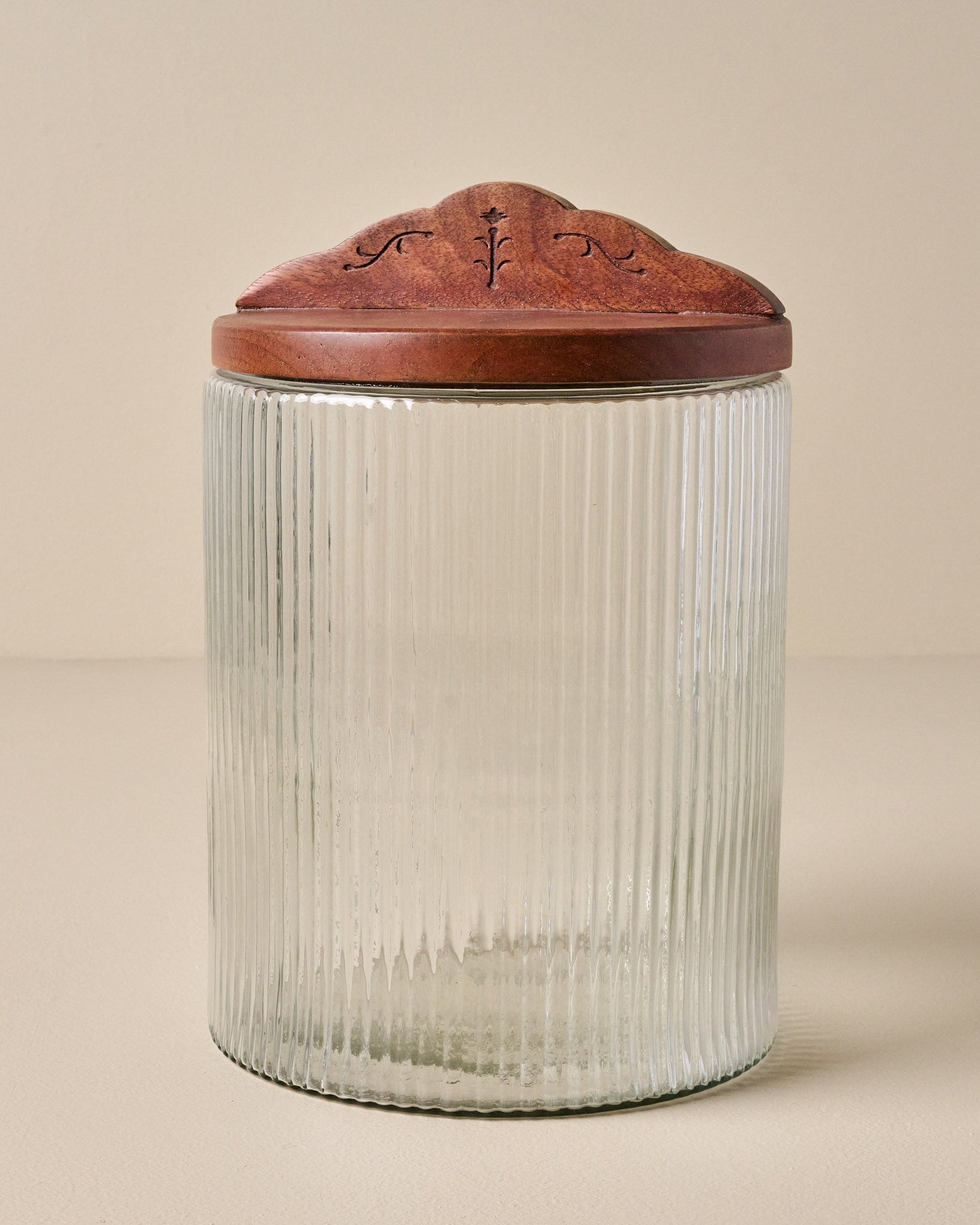 Large Antiqued Wood Ribbed Glass Canister