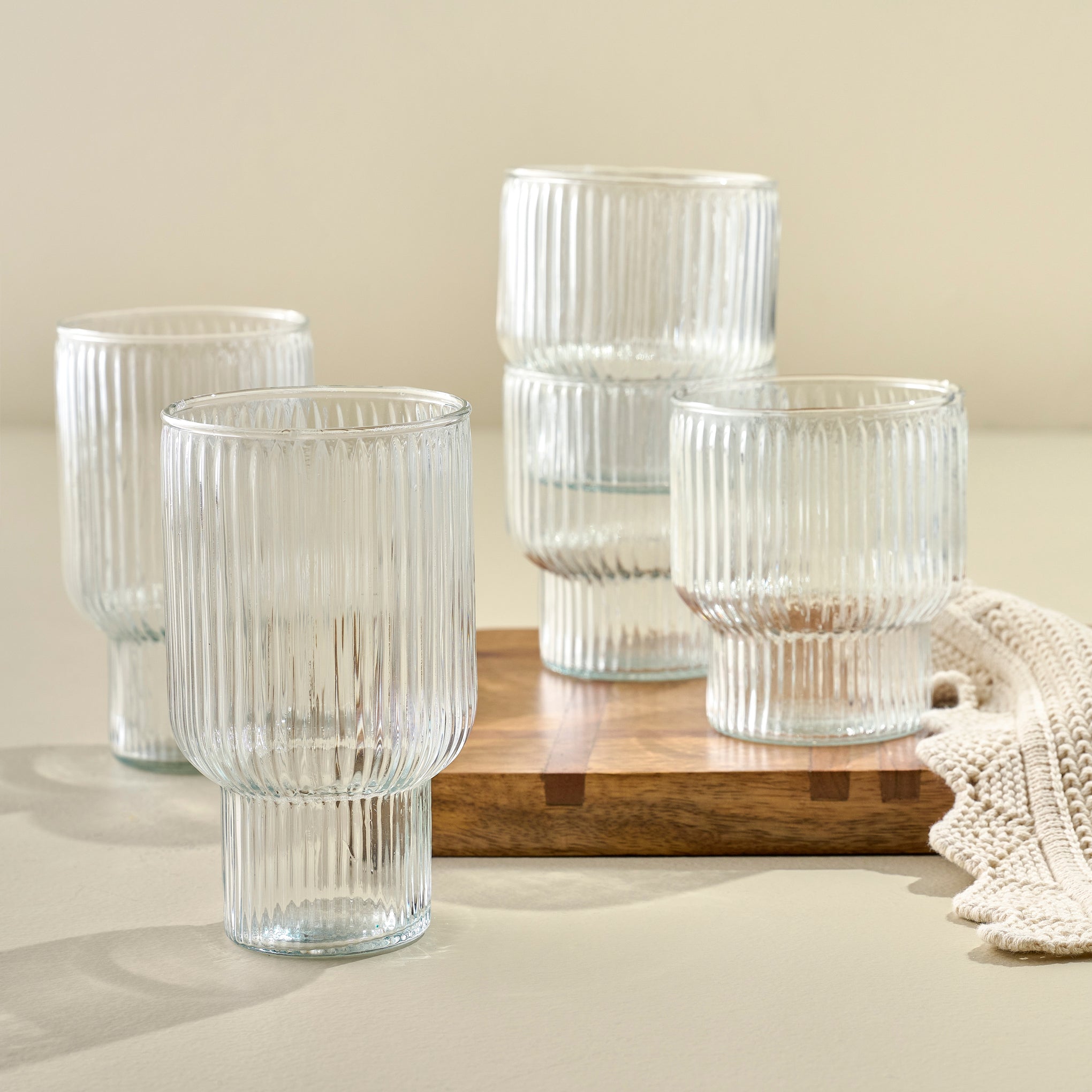 Short and Tall Atlas Ribbed Stacking Glass Tumblers