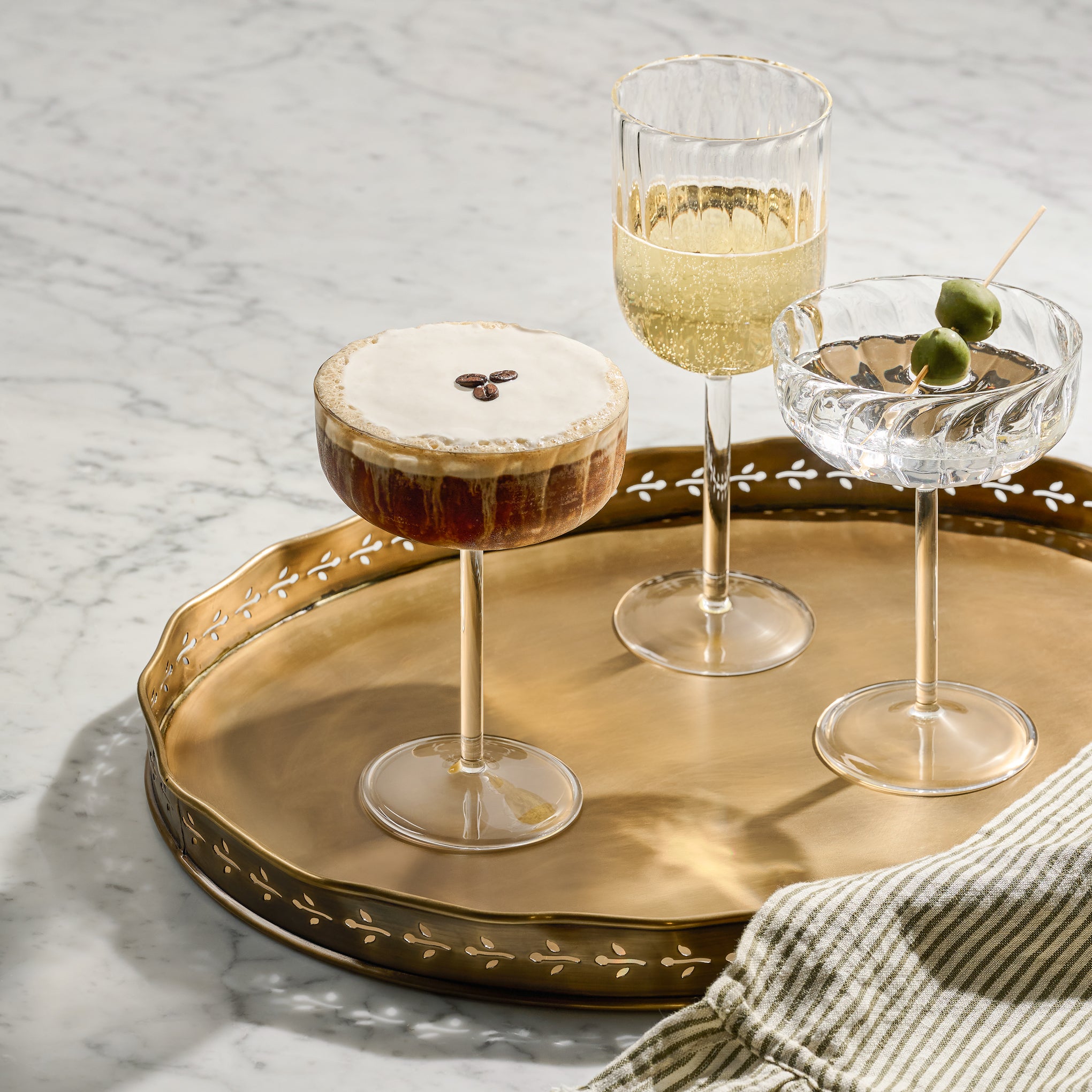 Floral Antique Brass Tray shown with drinks on top