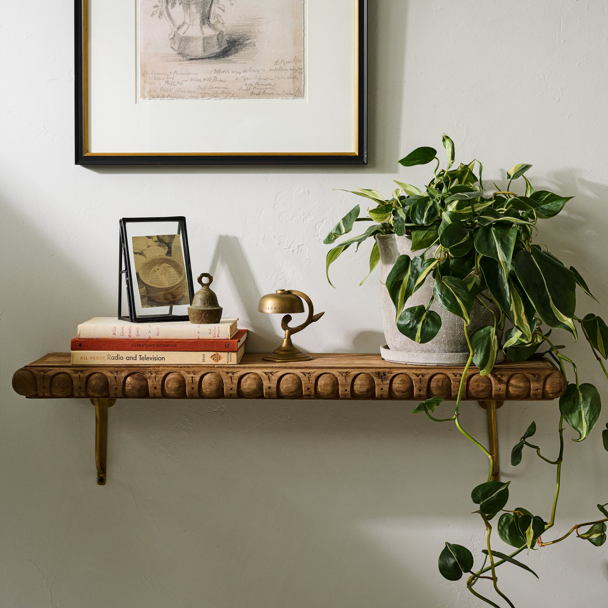 Griffin Hand Carved Wood Shelf on a wall holding a planter and some books and a frame