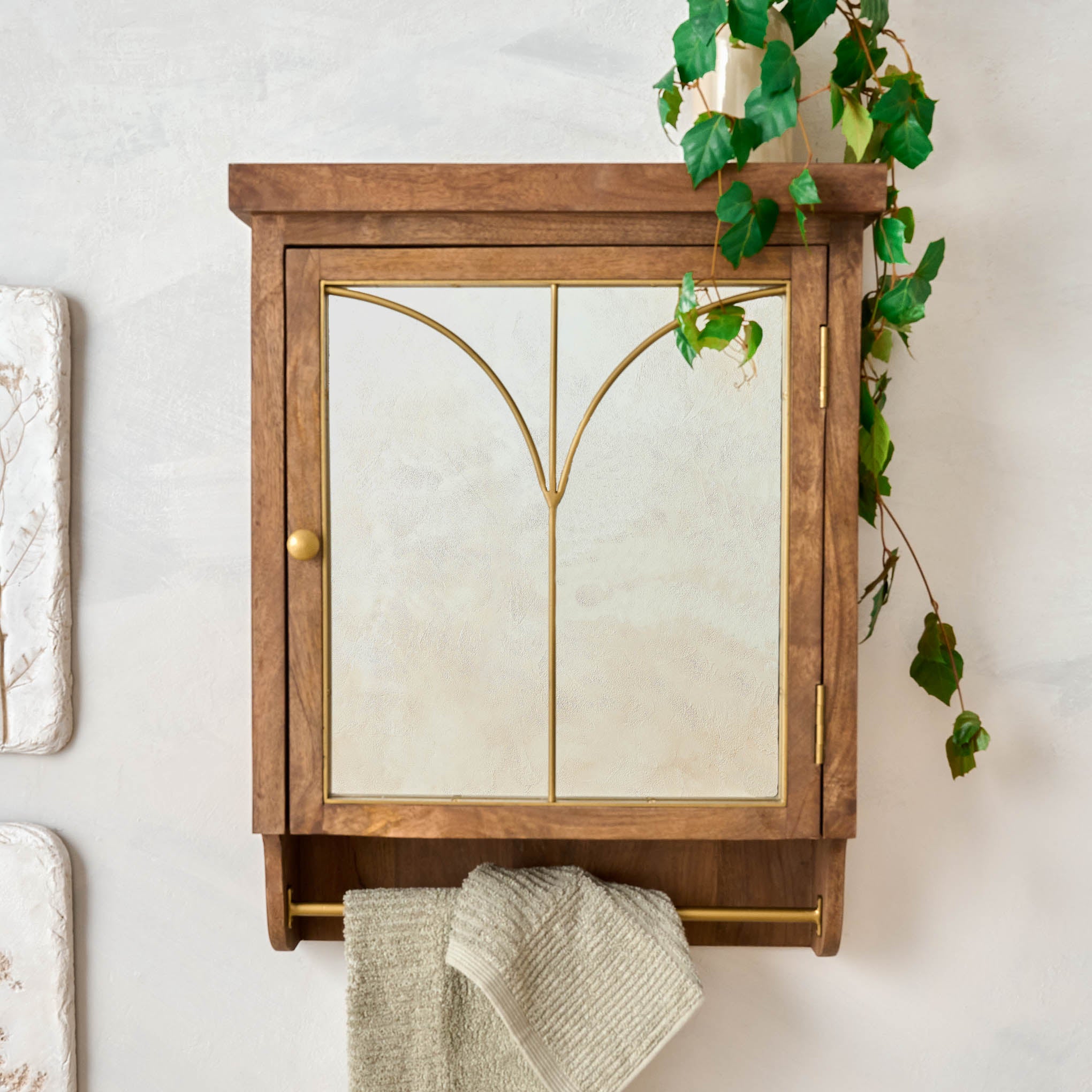 Gristmill Mirrored Wall Cabinet with plant on top