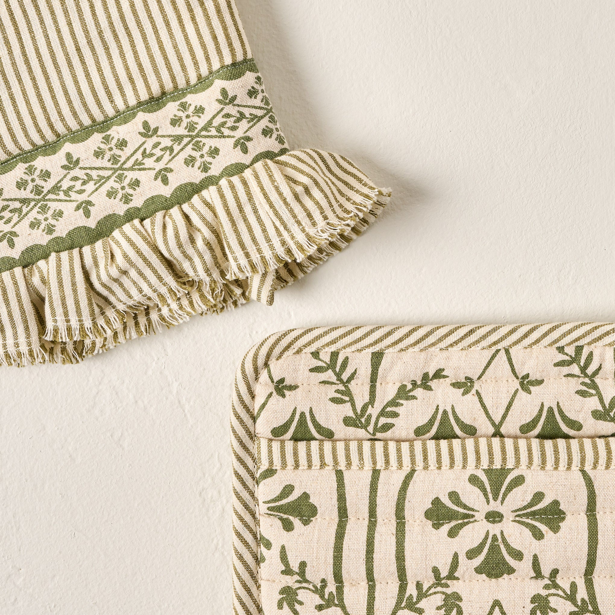 Magnoliass Olive Pin Stripe Oven Mitt + Pot Holder Set up close
