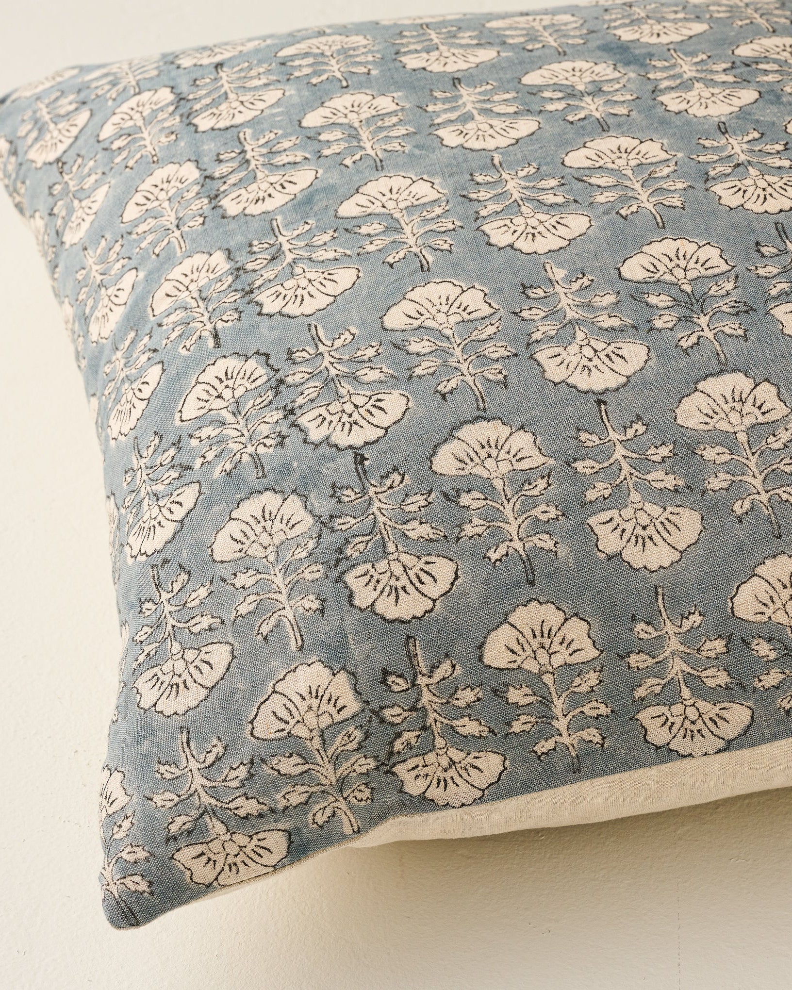 Flora Silver Blue Printed Pillow close up