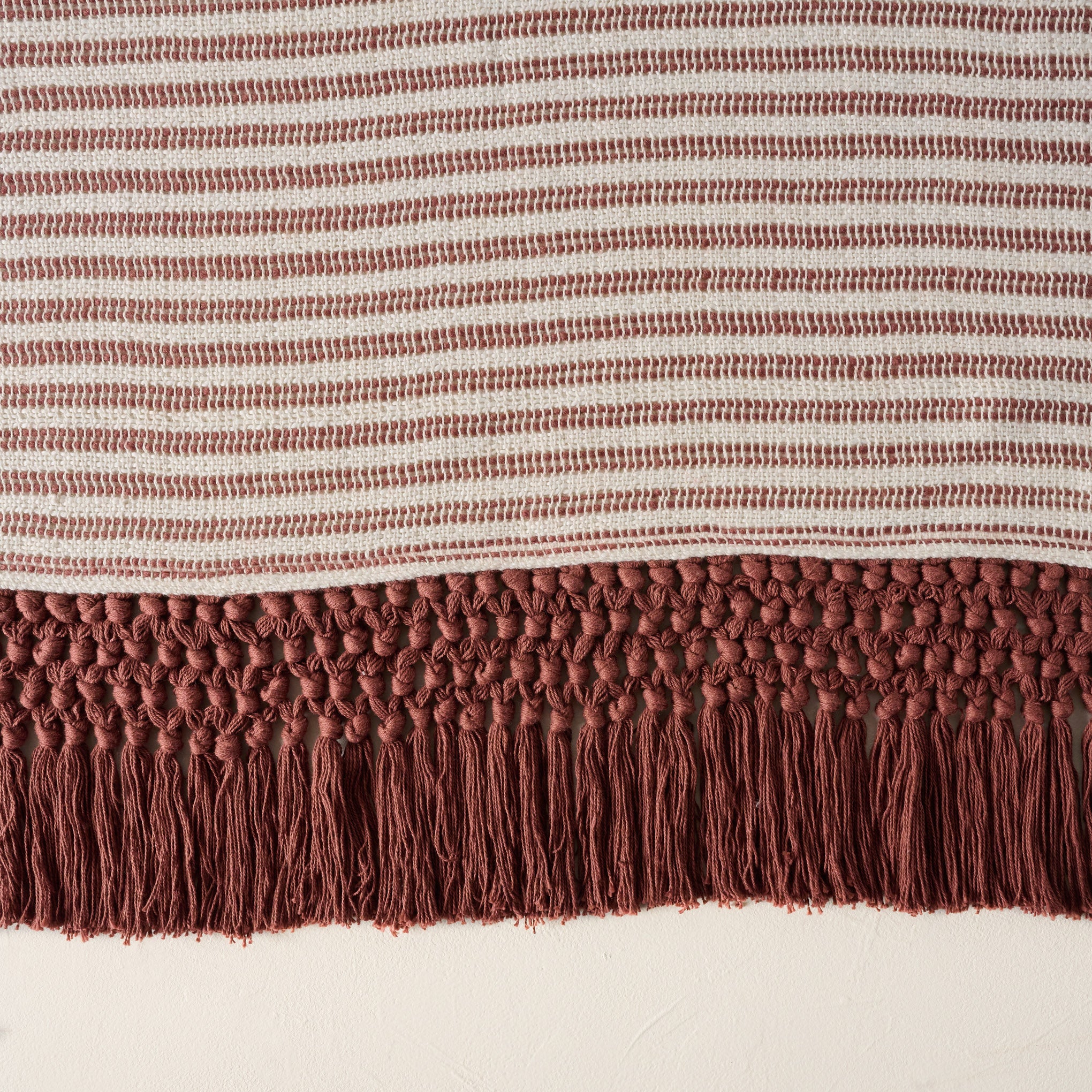 Essential Tassel Throw - Burgundy Striped up close