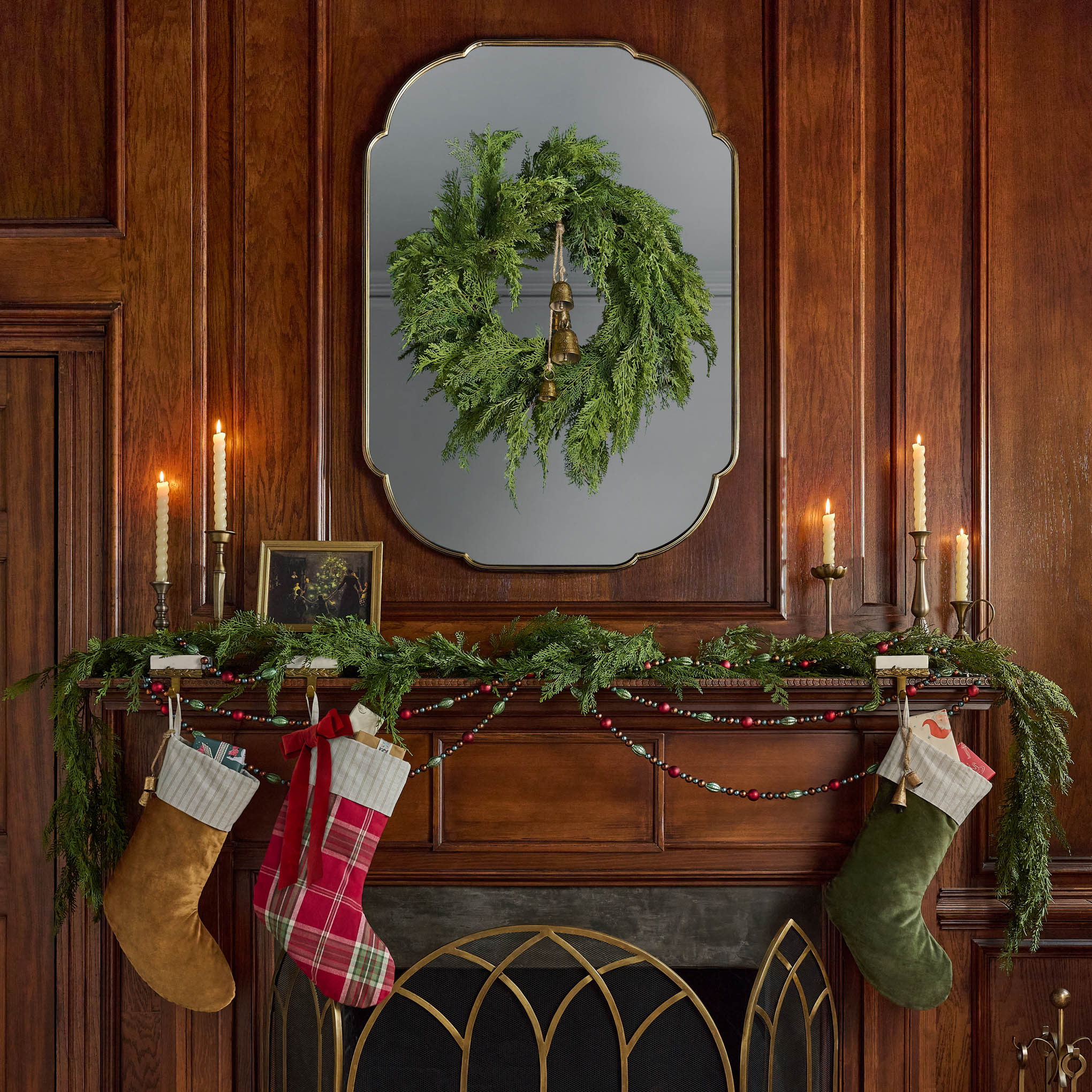 2 Real Touch Cedar Mix Garlands on a mantel