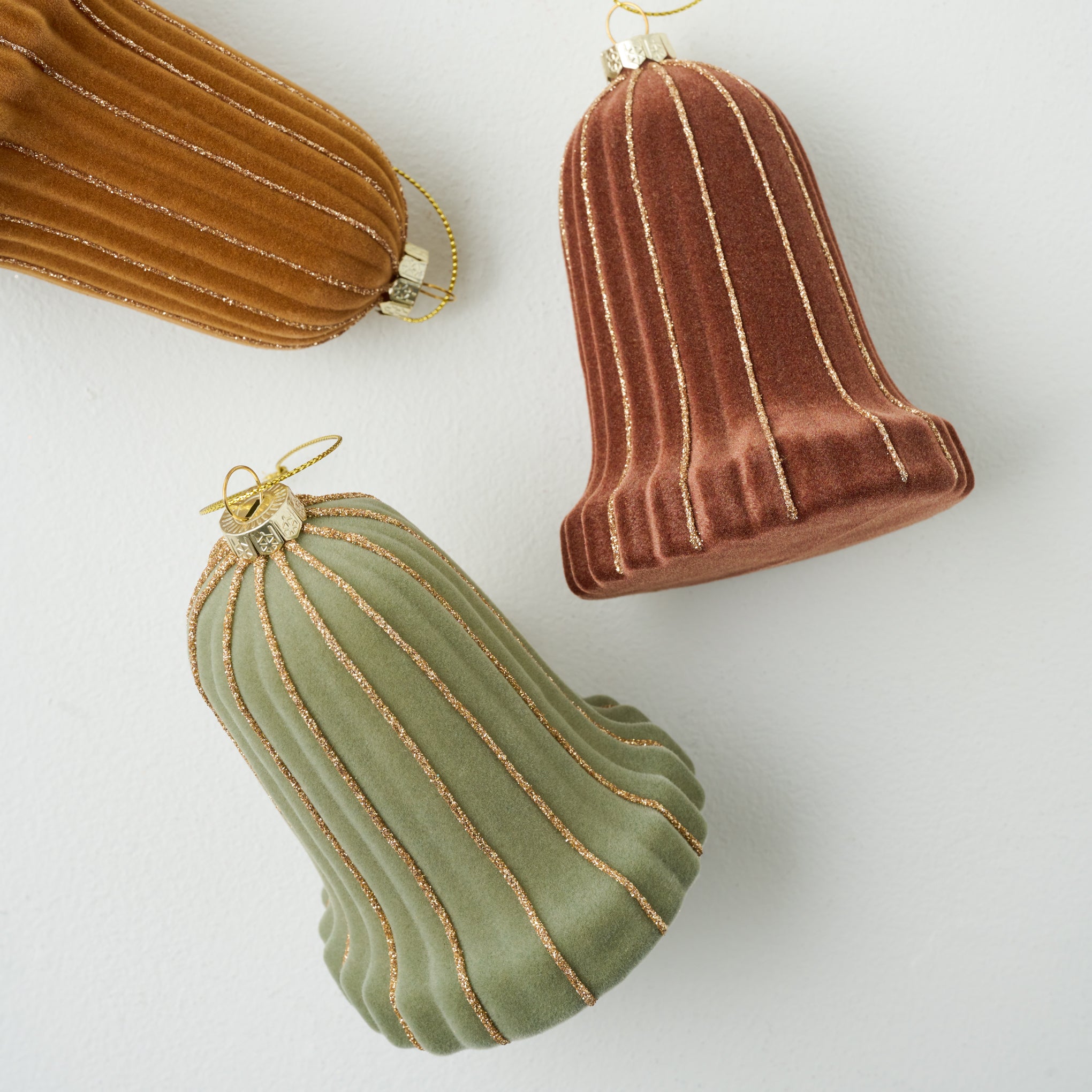 Glitter Flocked Bell Ornament Set of 3 close up