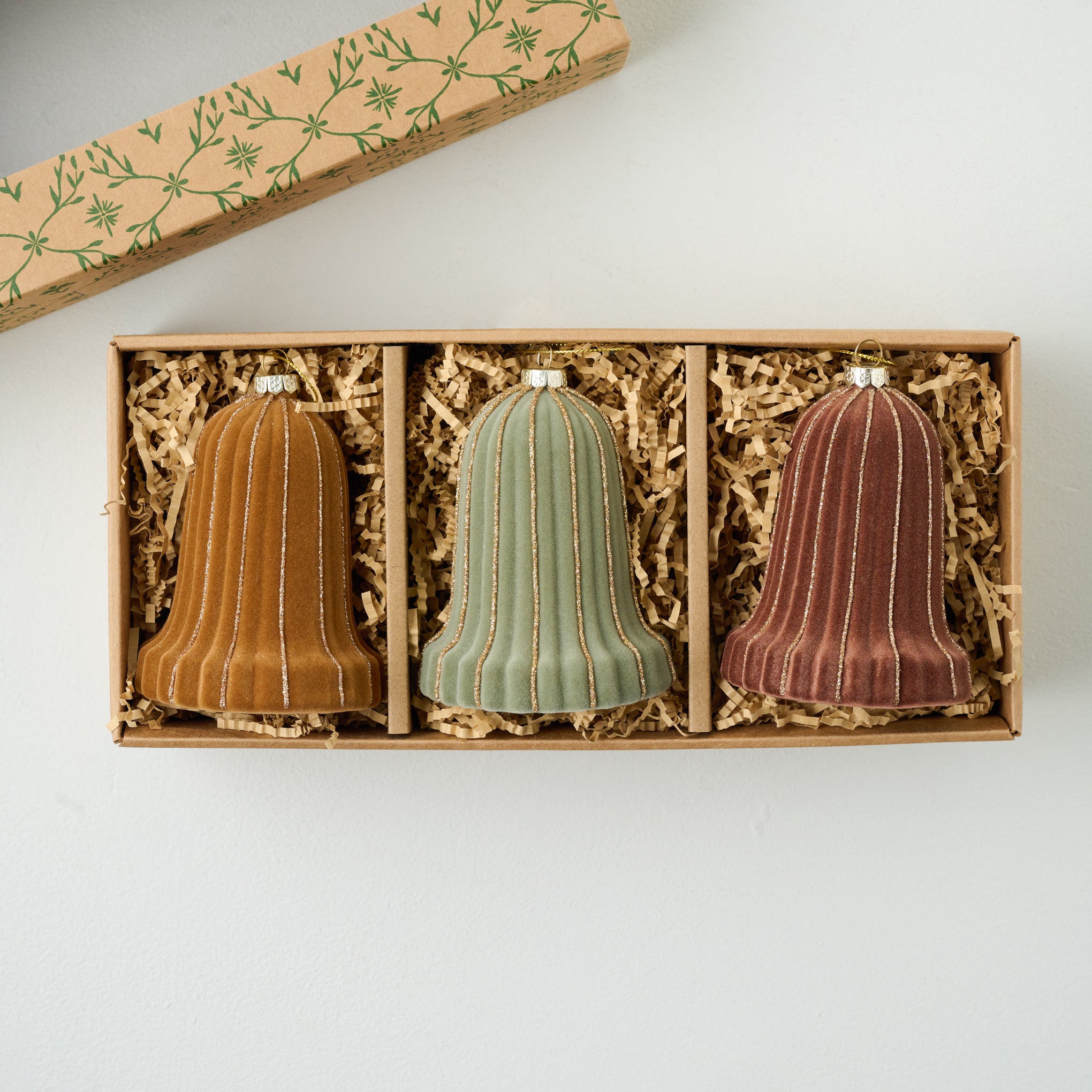 Glitter Flocked Bell Ornament Set of 3 shown in box