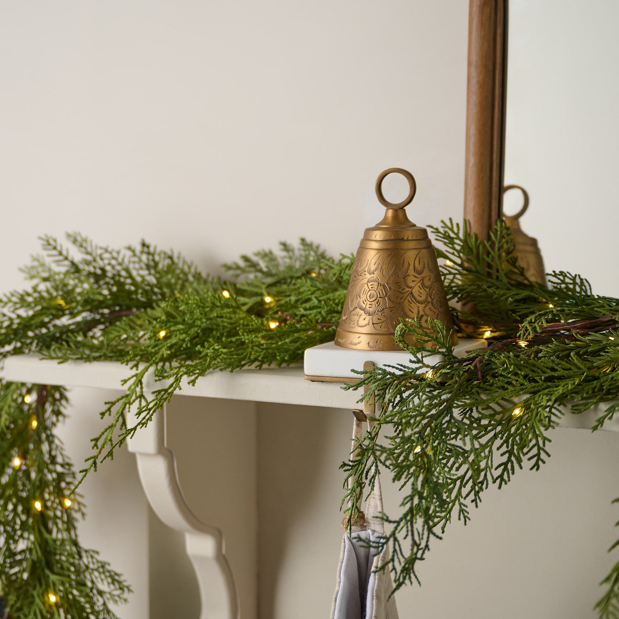 Real Touch Cedar Mix Pre-Lit Garland - 72" shown on mantel
