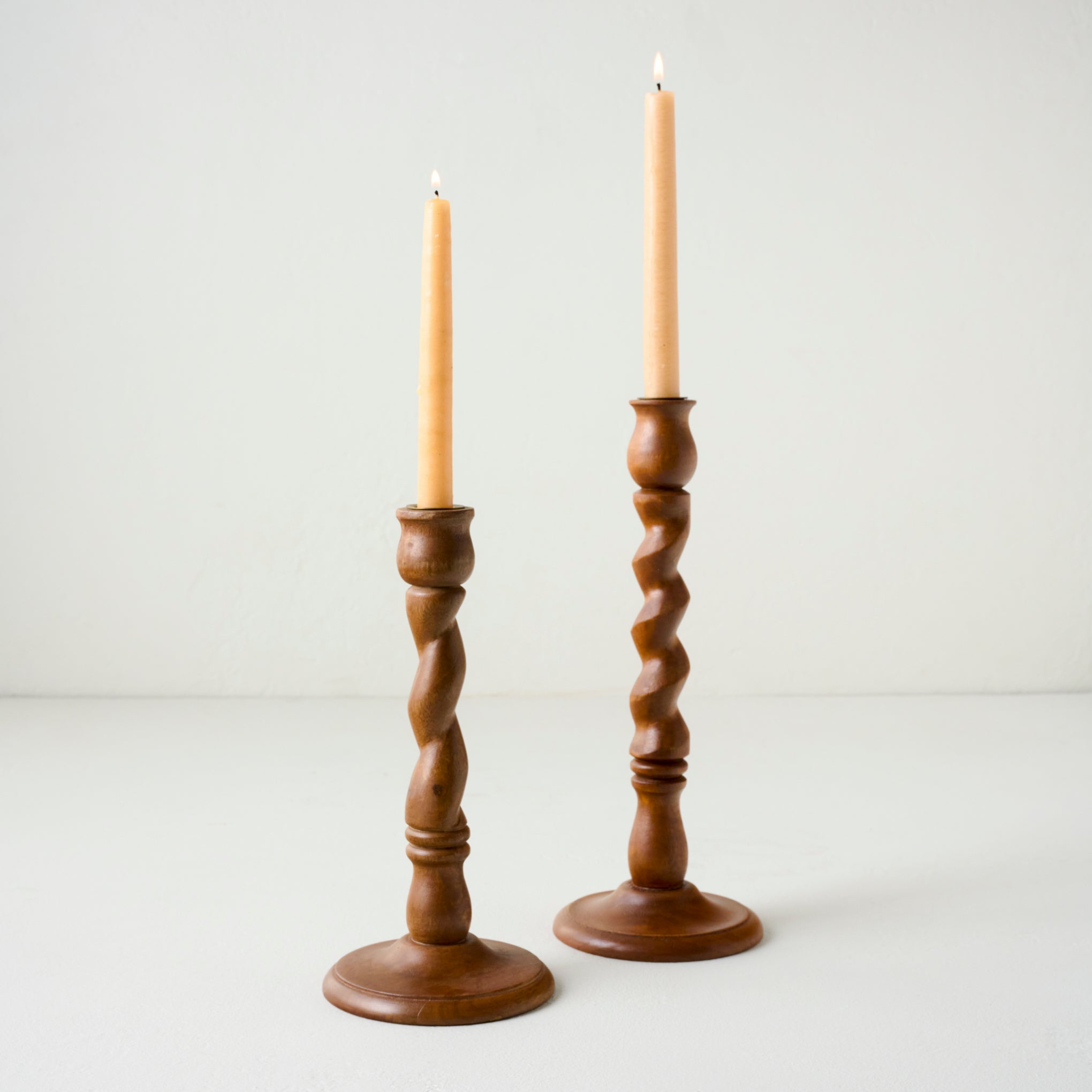 Wooden Barley Twist Taper Holders shown with tapers