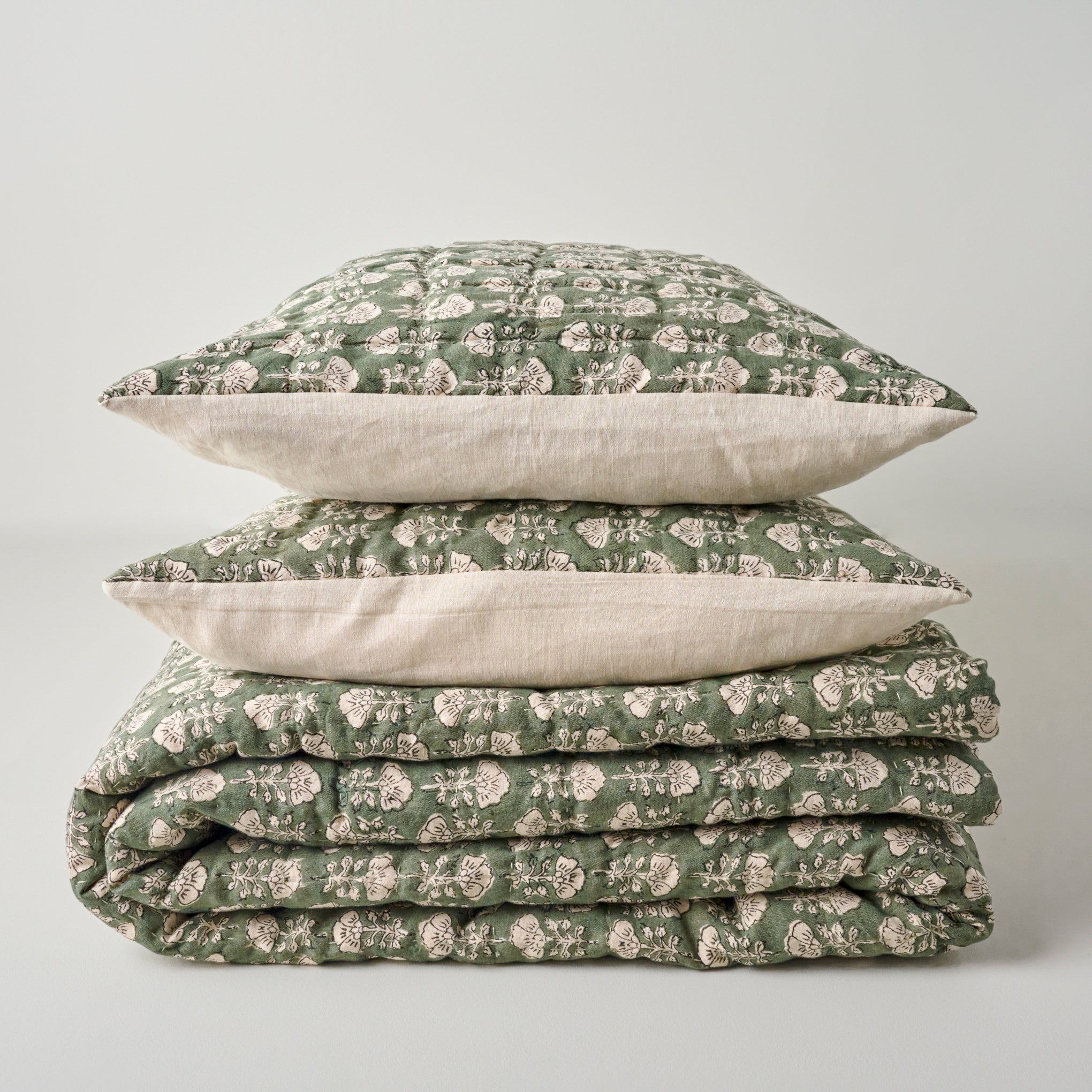 Flora Block Print Sham - Dusty Green shown with coordinating quilt