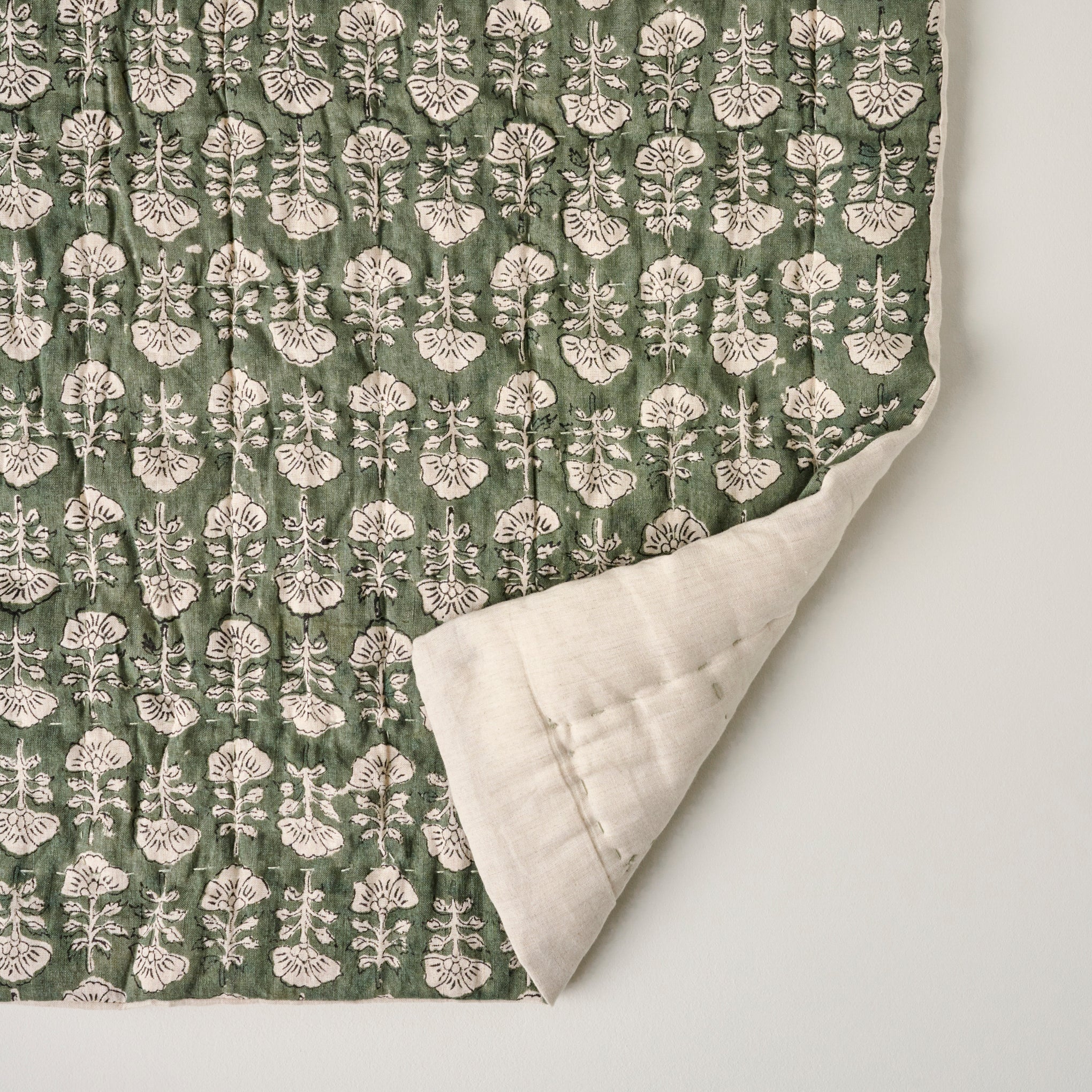 Flora Block Print Quilt - Dusty Green - King