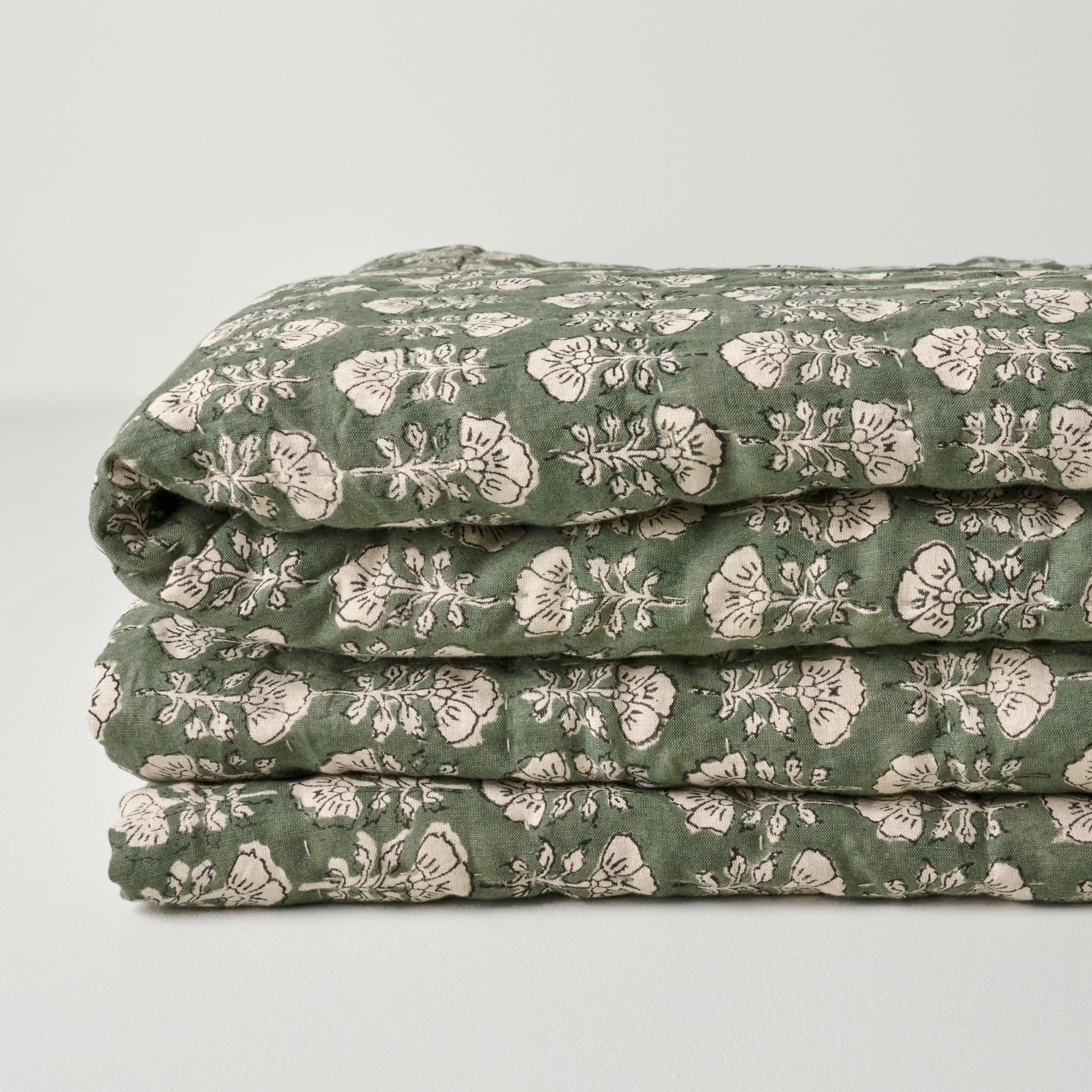 Flora Block Print Quilt - Dusty Green - King
