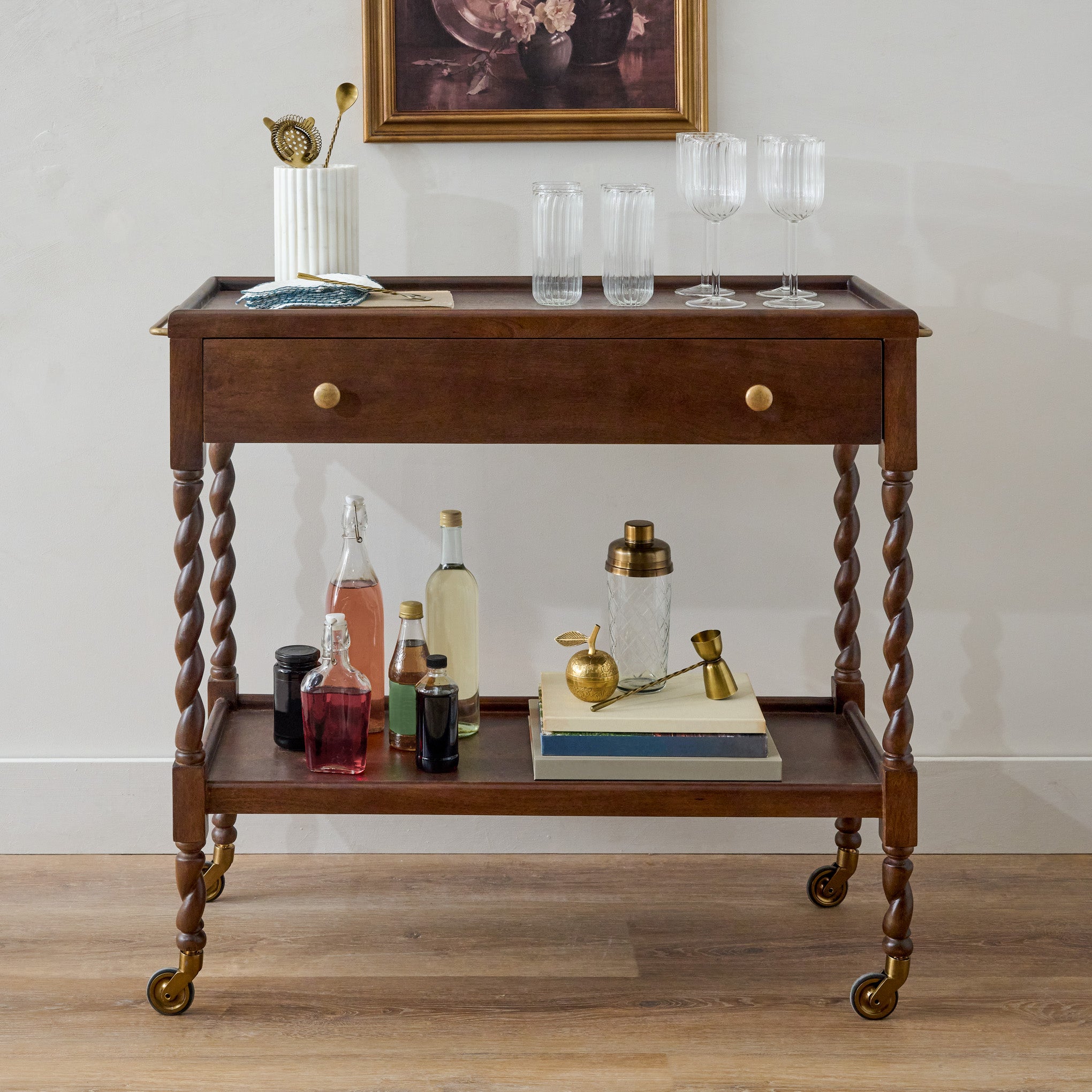 Barley Twist Bar Cart shown styled