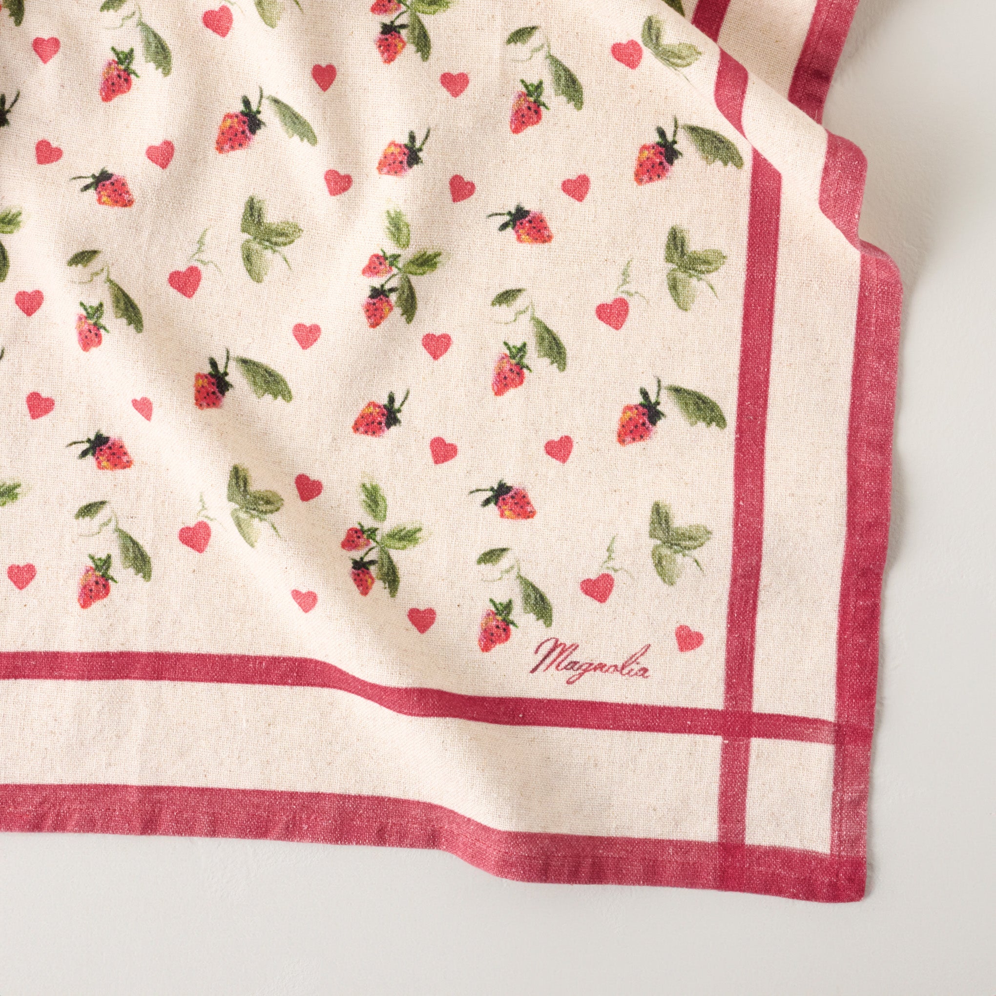 Magnoliass Strawberry + Hearts Tea Towel  up close