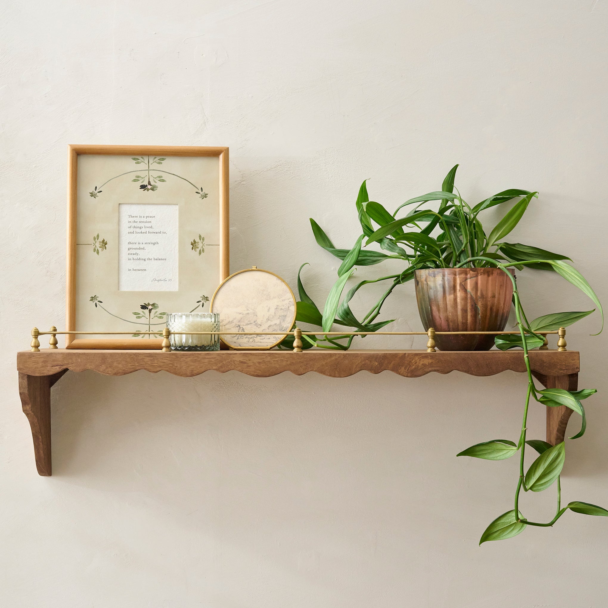 Large Quinn Wood and Brass Railing Shelf shown styled