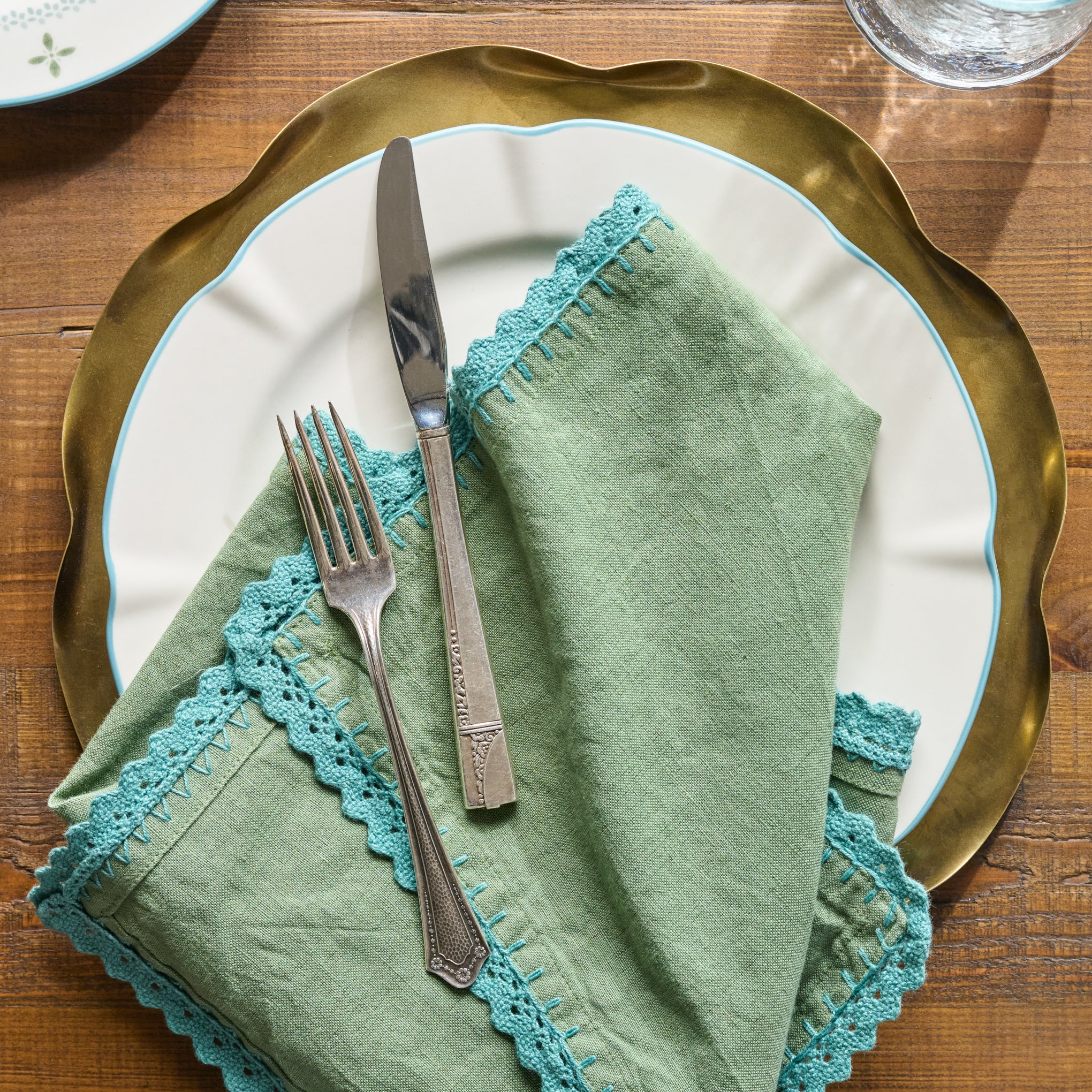 Green Crochet Edge Napkin Set of Four shown with table setting