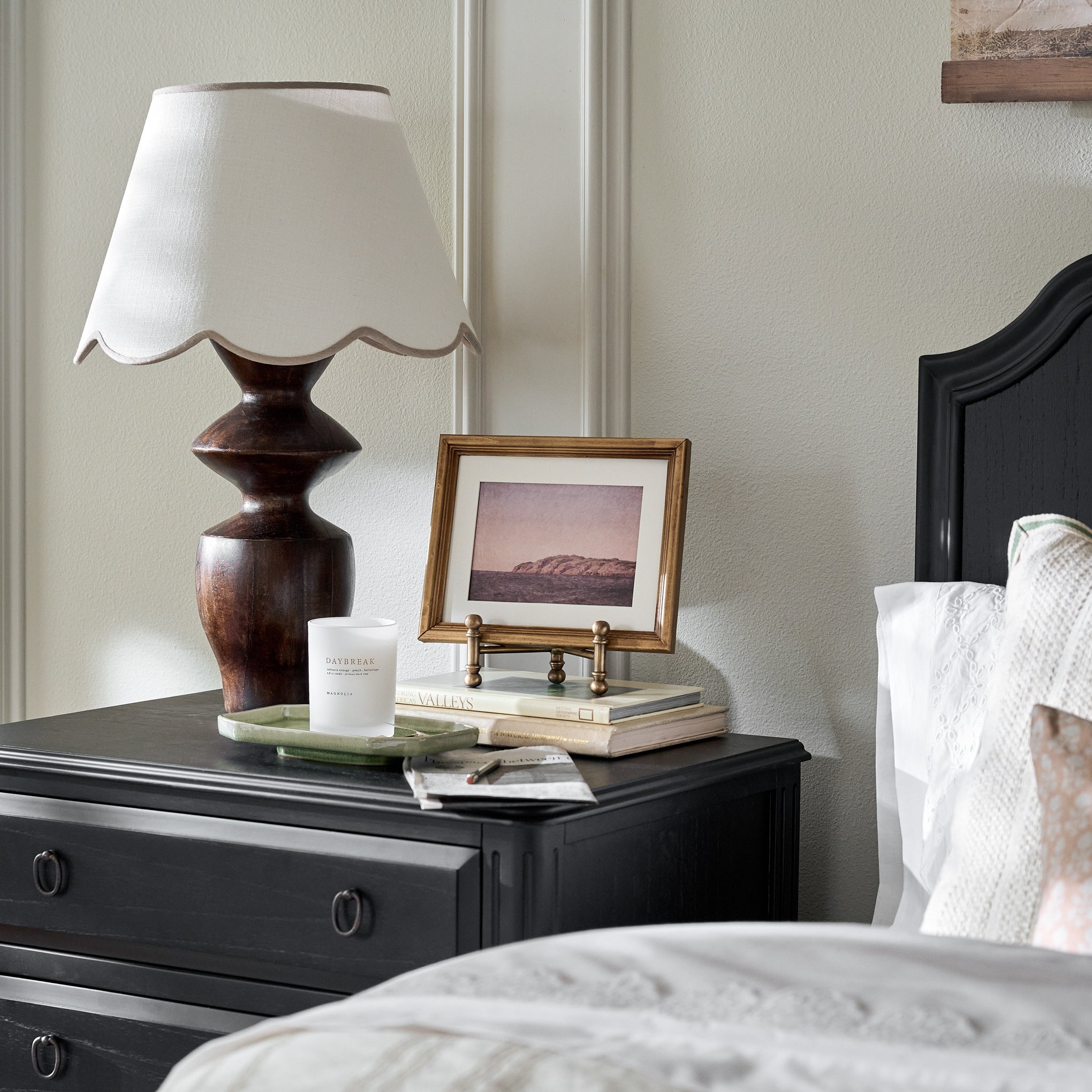 Vintage Seascape shown on nightsand next to bed