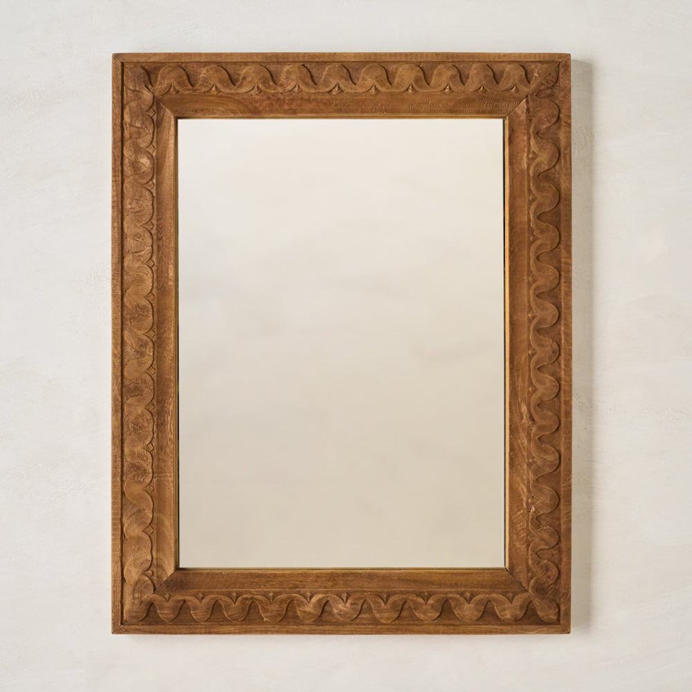 Hand-Carved Antiqued Wood Mirror shown hung vertically