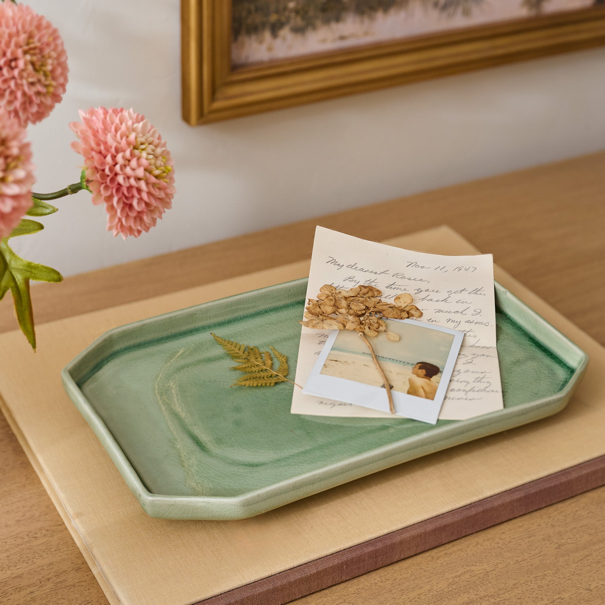 Large Jonah Green Ceramic Tray shown with decor
