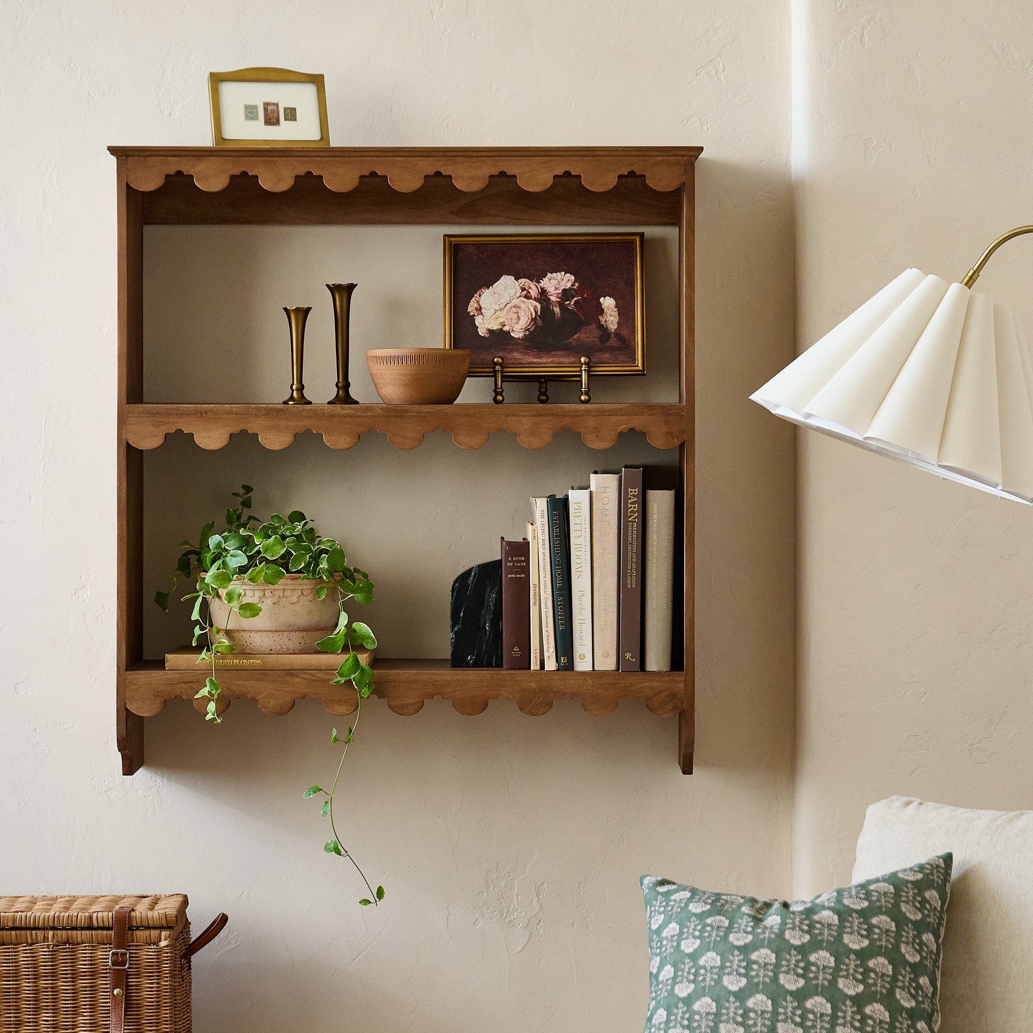 Linnea Antiqued Wood Shelf shown styled