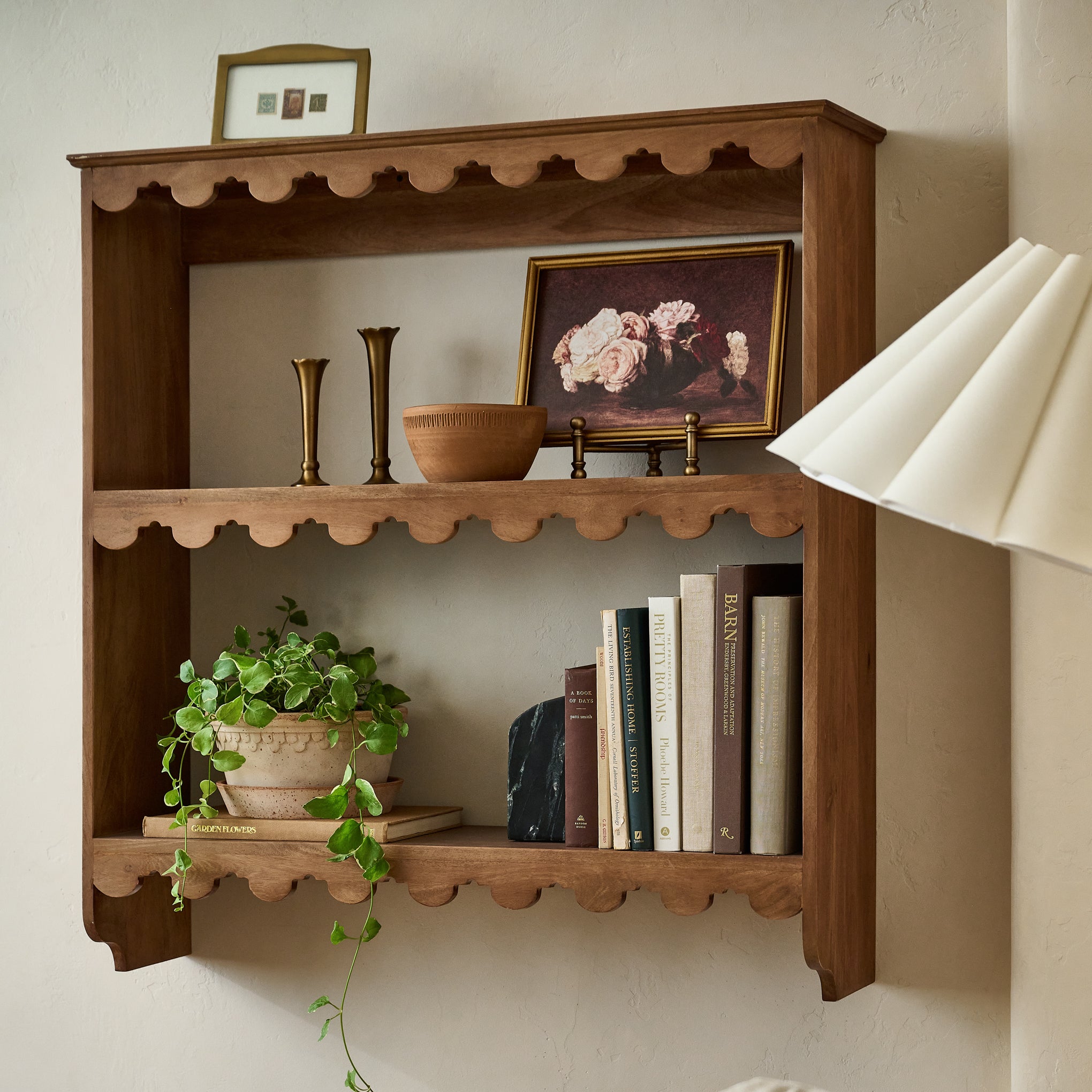 Linnea Antiqued Wood Shelf shown styled