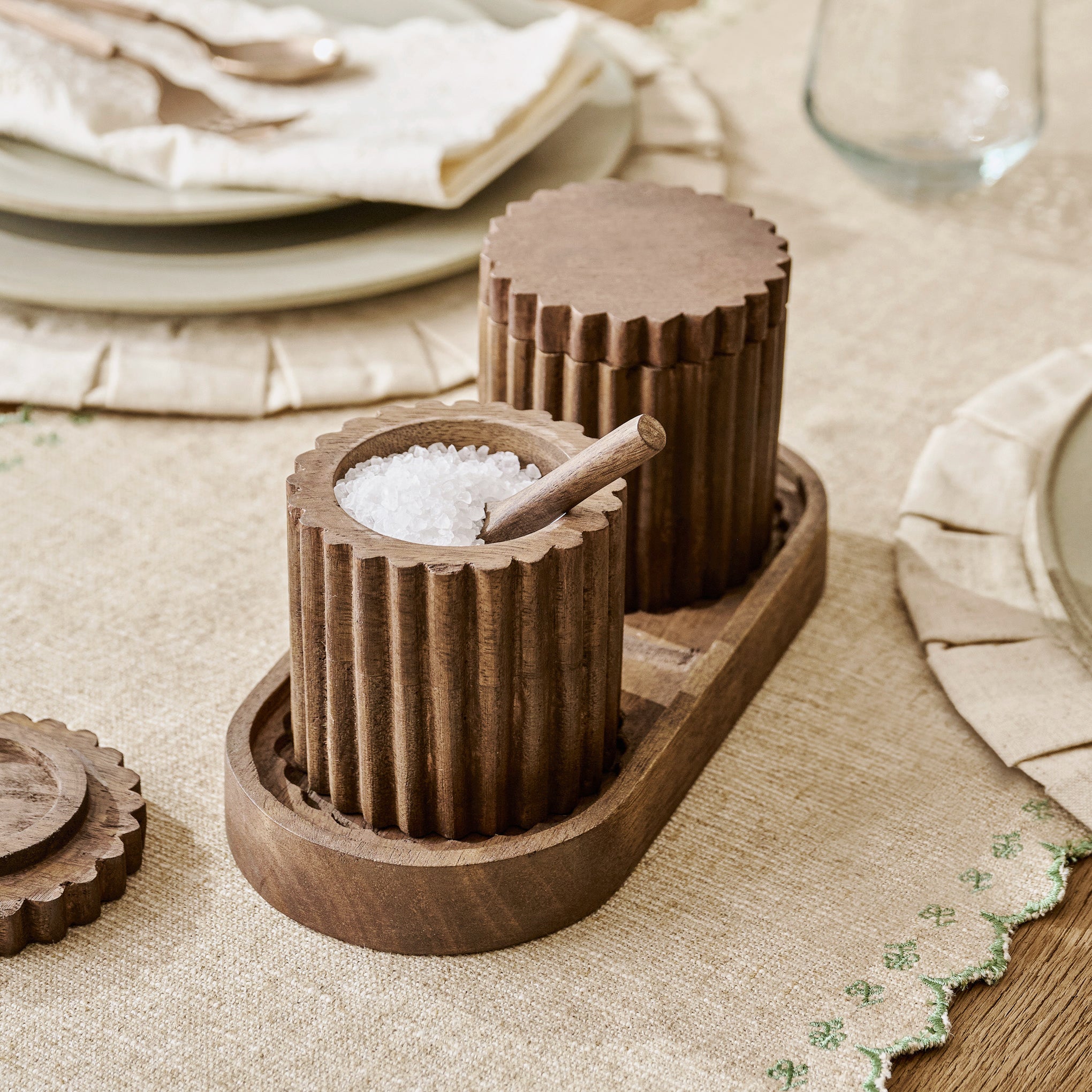 Antiqued Wood Scalloped Pinch Pot Set shown with salt